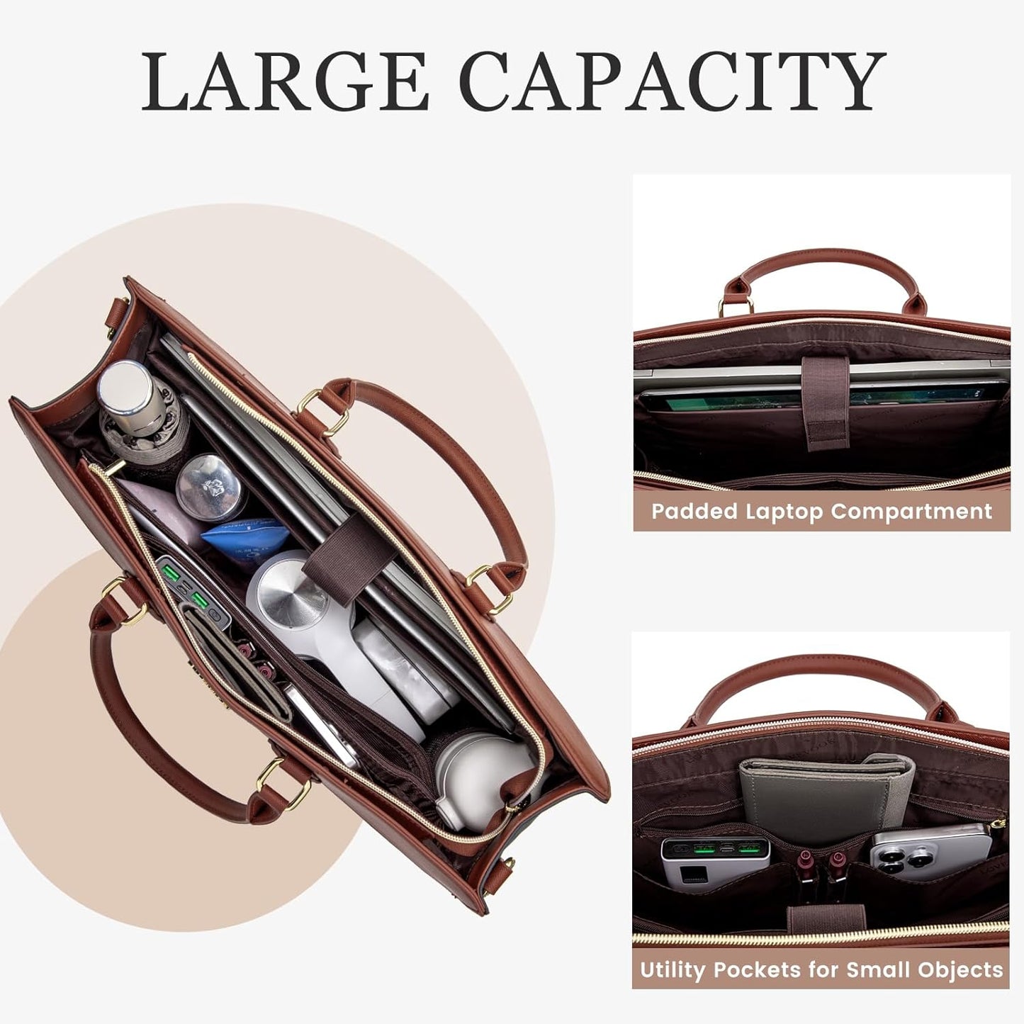 LOVEVOOK Laptop Bag for Women, 17.3 inch Leather Tote Bag Work Business Office Bag Waterproof Briefcase Computer Handbag Shoulder, Black-Brown