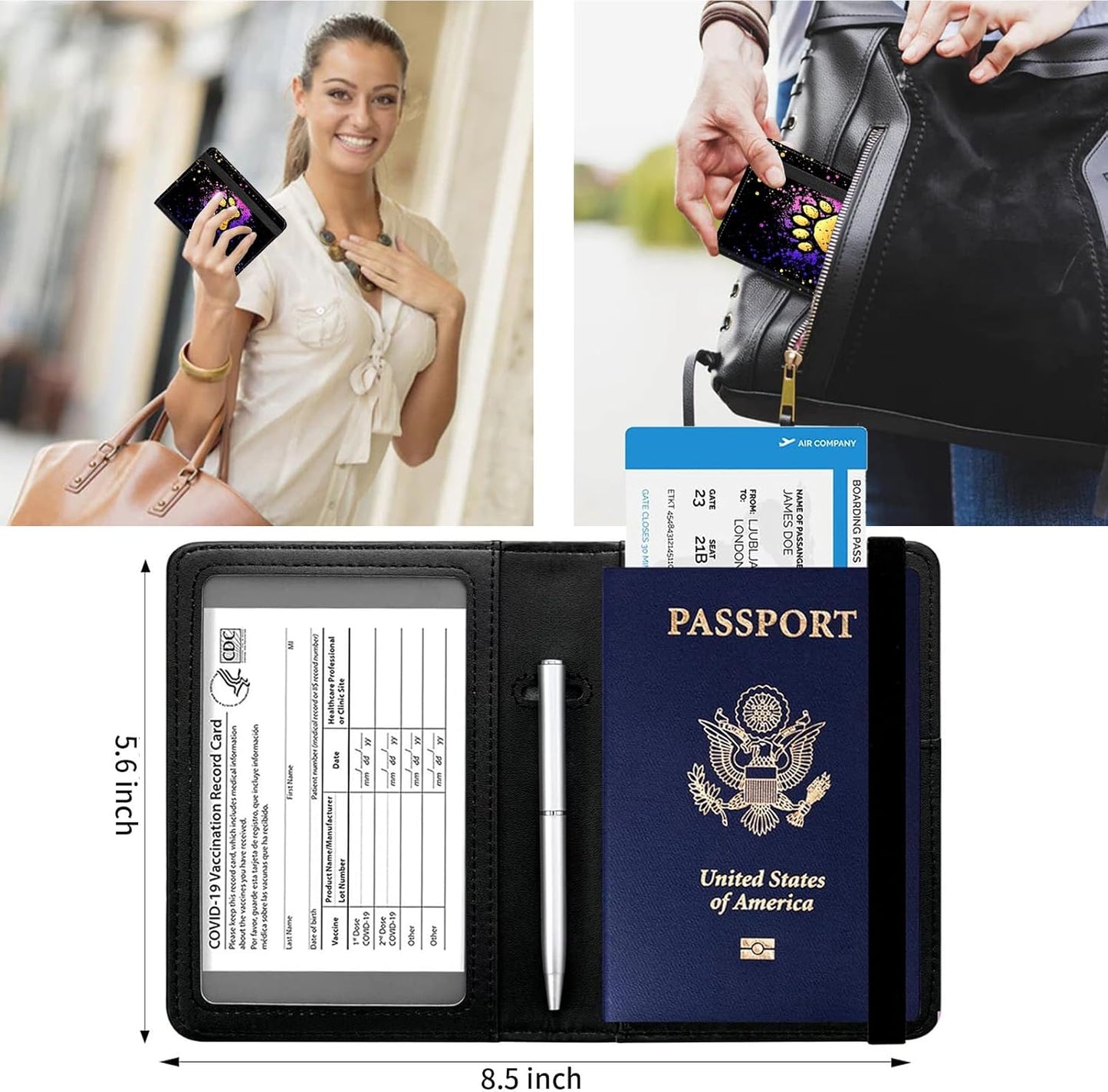 Passport and Vaccine Card Holder Cover Combo,Travel Passport Holder Wallet with RFID Blocking, Leather Vaccine Card Slot Passport Cover Case for Women & Men,Colorful Dog Pawprint