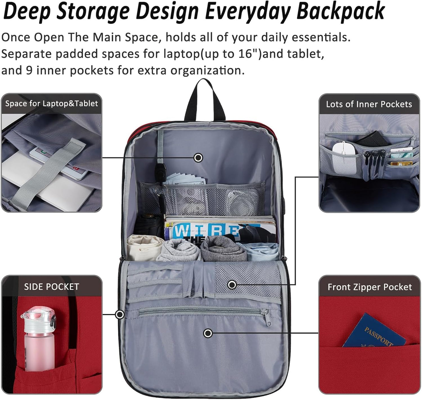 MAXTOP Deep Storage Laptop Backpack with USB Charging Port[Water Resistant] College School Computer Bookbag Fits 17 Inch Laptop