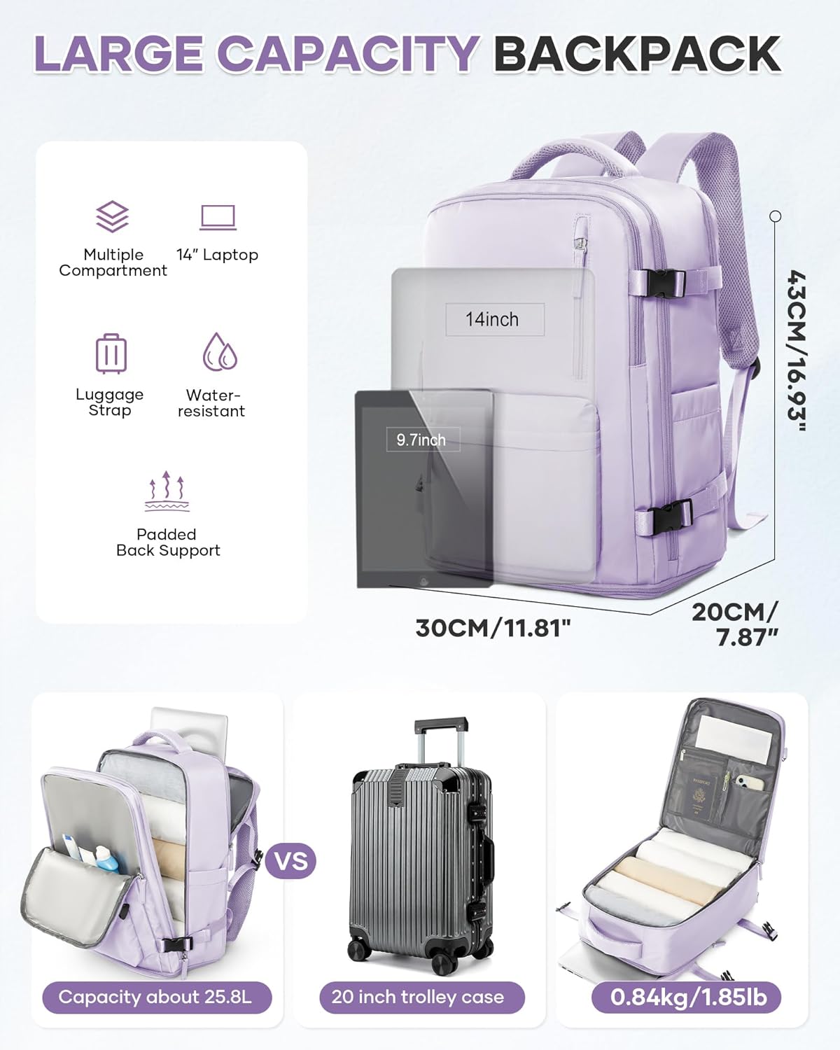 WONHOX Large Travel Backpack Carry on Flight Approved Laptop Work Business Backpack for Women Men Mochila de Viaje