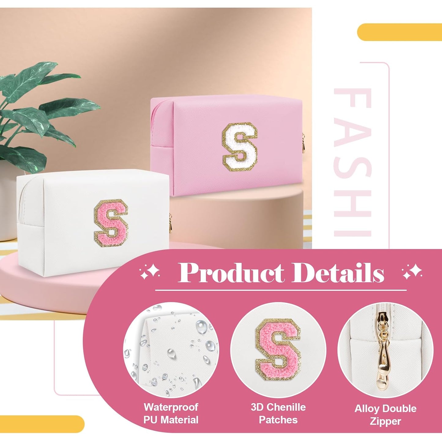 Personalized Makeup Bag Initial A-Z Preppy Patch Bag,Small PU Leather Travel Cosmetic Bag Pouch