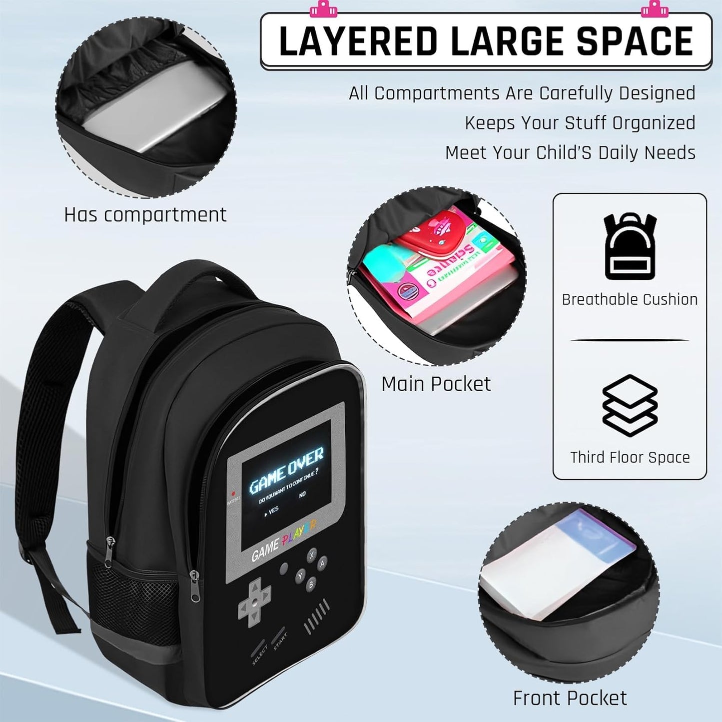 Backpack for School Boys,Gamer Boys Backpack for Elementary Middle School,Student Bookbag for Ages 6-18 Kids Children Teens,17″ Video Game Bookbag Travel Back Pack