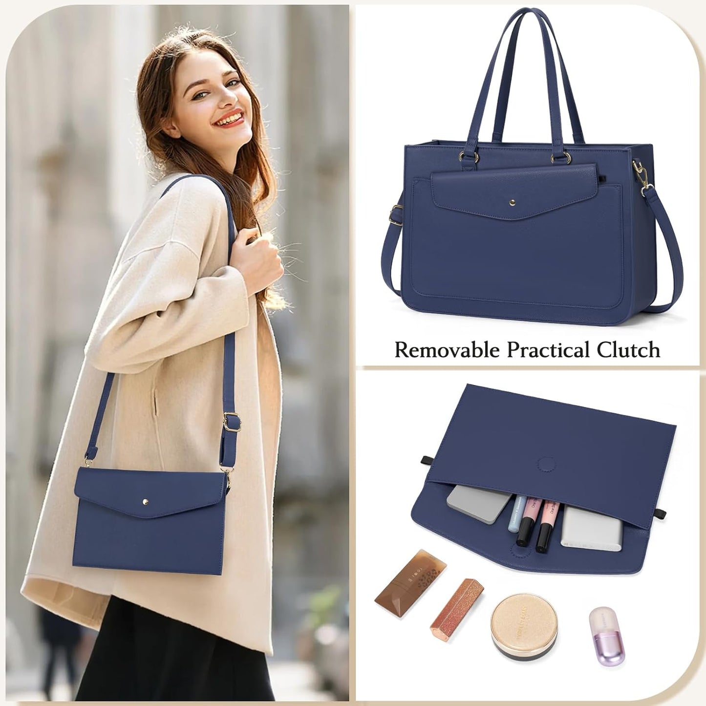 RAINSMORE Laptop Bag for Women 15.6 Inch Work Tote Bags Leather Laptop Tote Waterproof Computer Bag Professional Office Business Briefcase Large Handbag for College Teacher Travel, Blue