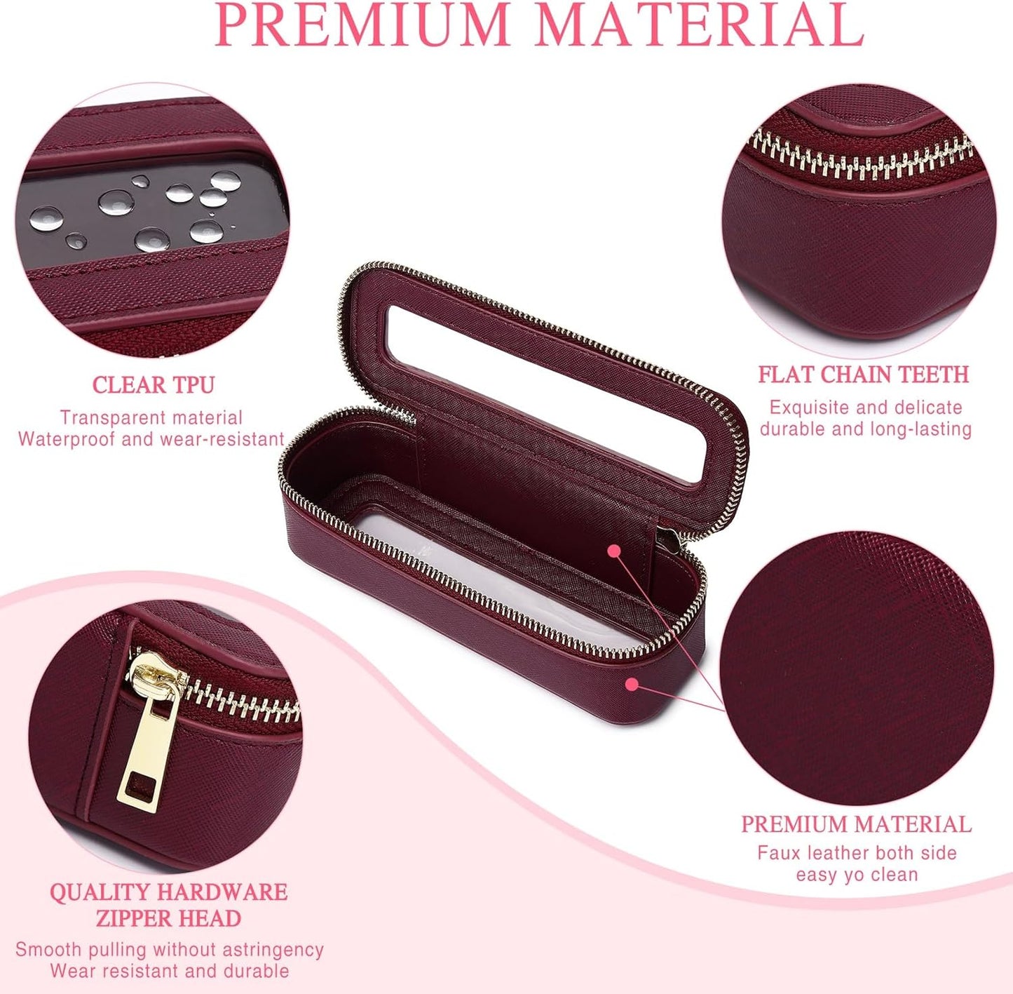 Makeup Brush Bag Slim Clear Makeup Bag Travel Cosmetic Case and Brush Holder Waterproof Toiletry Makeup Bag with Zipper Purse Organizer for Women (Burgundy, Slim)