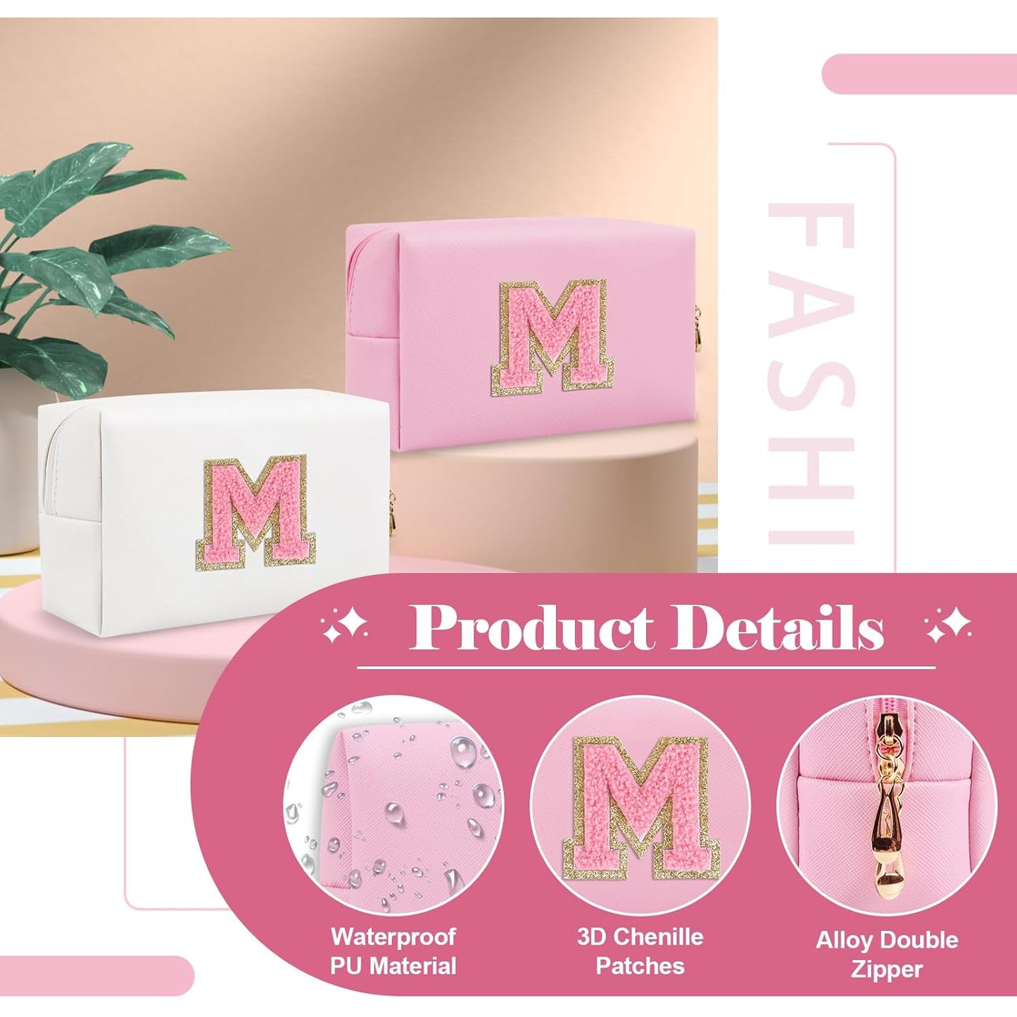 Personalized Initial A-Z Preppy Patch Makeup Bag,Small PU Leather Chenille Letter Cosmetic Bag with Zipper for Teen Girls,Pink Cute Travel Toiletry Bag,Birthday Monogrammed Gift for Daughter,Letter M