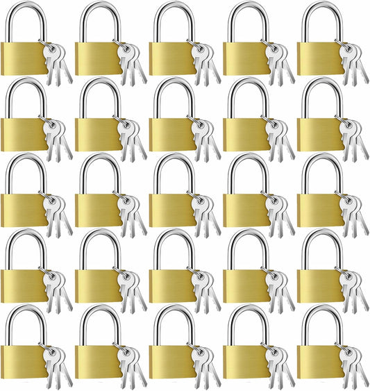 24 Pcs Solid Brass Keyed Padlock, Small Yellow Gym Lock, Strong Padlock with Different Key for Luggage Toolbox (1-3/16'')