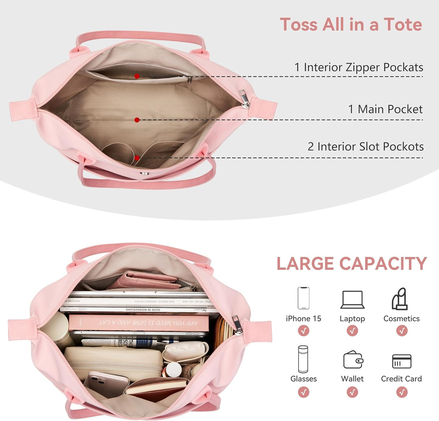 Nylon Tote Bag Women Zipper Shoulder Purse Large Hobo Top Handle Foldable Handbags for Work Travel Shopping