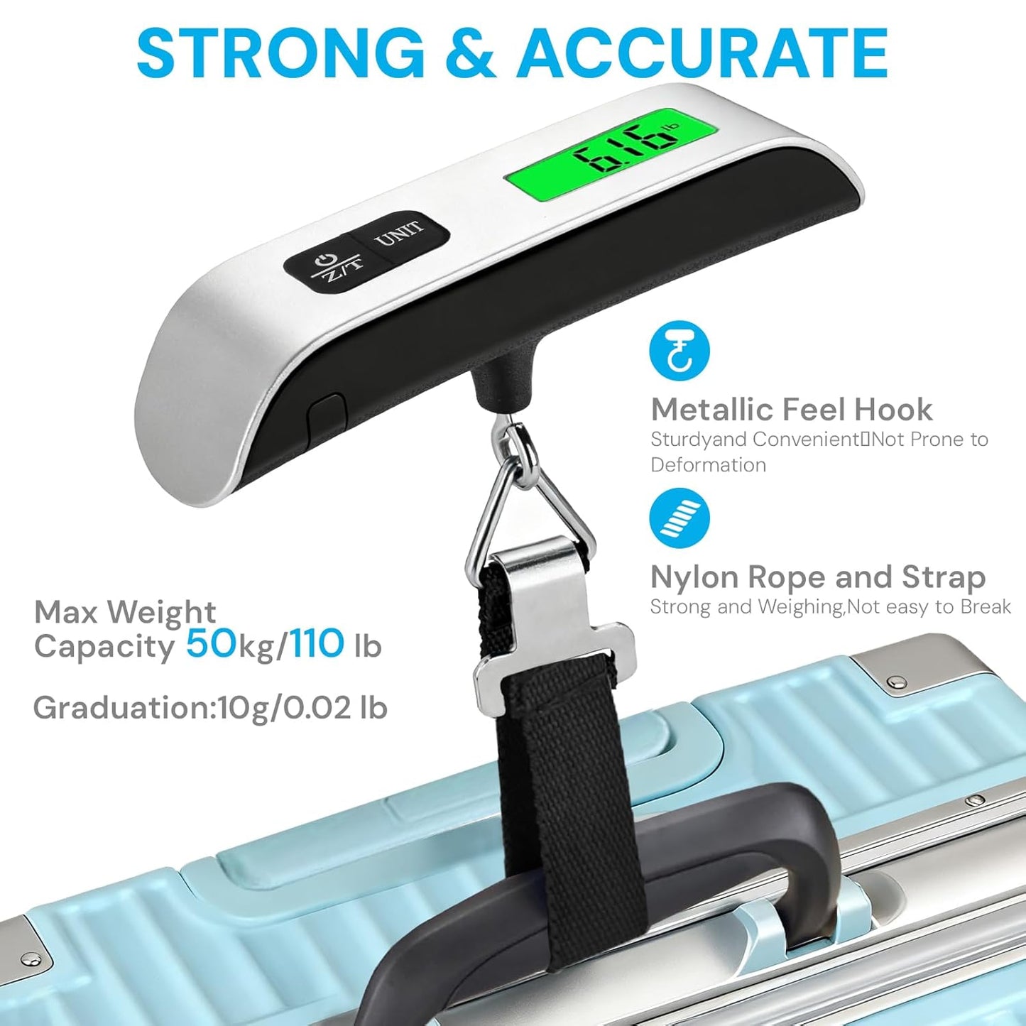 Digital Luggage Scale, 110lb Portable Suitcase Weight Scale for Travel with Backlit LCD, 4-Unit Switching, Non-Slip, Luggage Scale for Luggage, Backpacks, Packages (Battery Included)