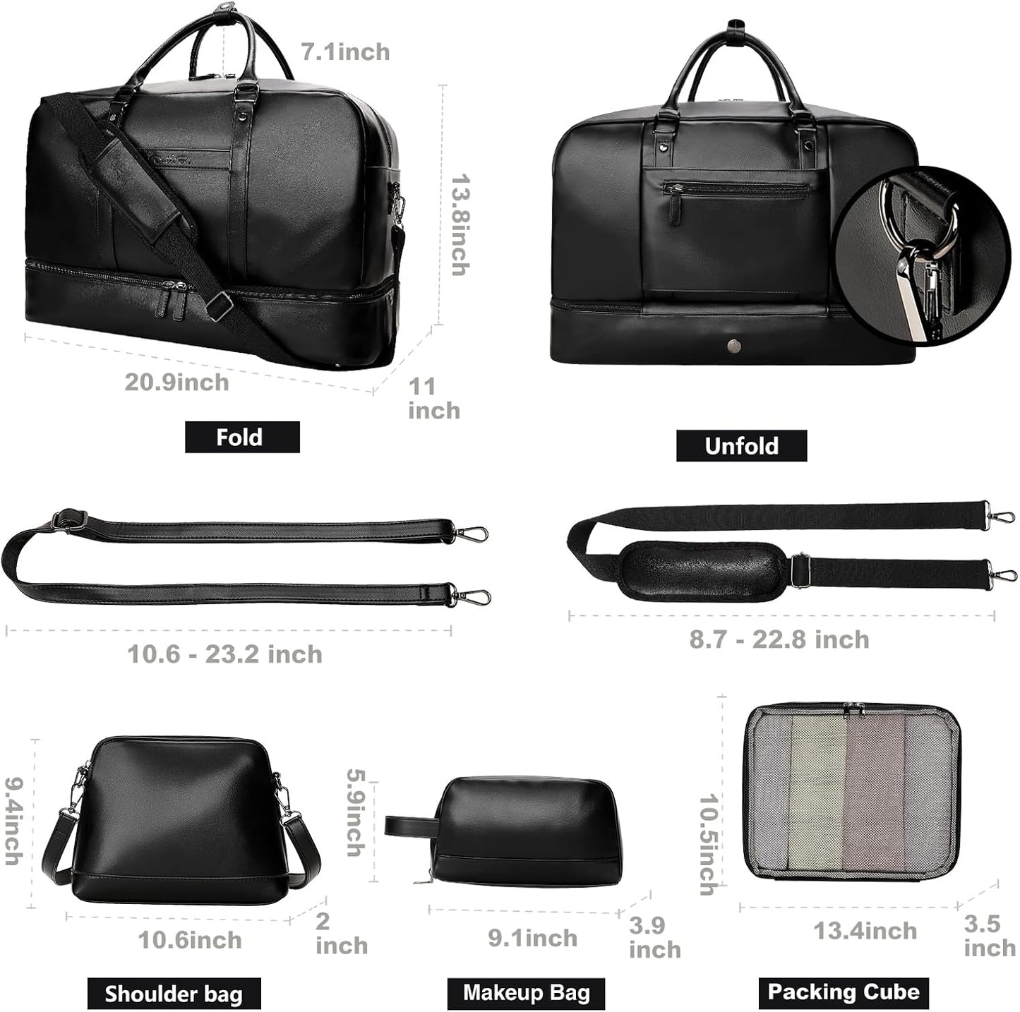 4PCS Leather Duffle Bags, Weekender Bag for Women Men, Large Travel Duffel-Overnight Bag with Toiletry, Makeup, Shoulder Bag, Faux Leather Carry On with Shoe Compartment (Black)