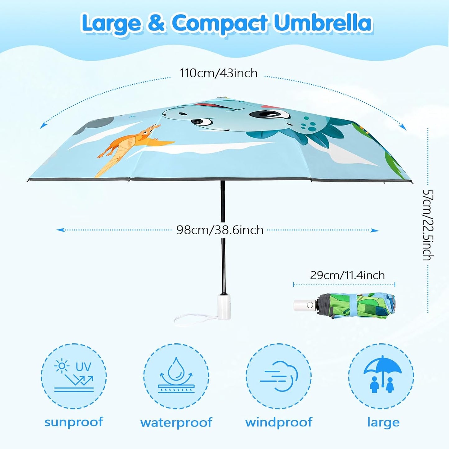 Kids Folding Umbrella Auto Open/Close Anti-rebound Safe Design UV Resistant Automatic Children Travel Umbrellas 8 Rib Reinforced Canopy 360° Reflective Strip Lightweight Cute Umbrella for Girls & Boys