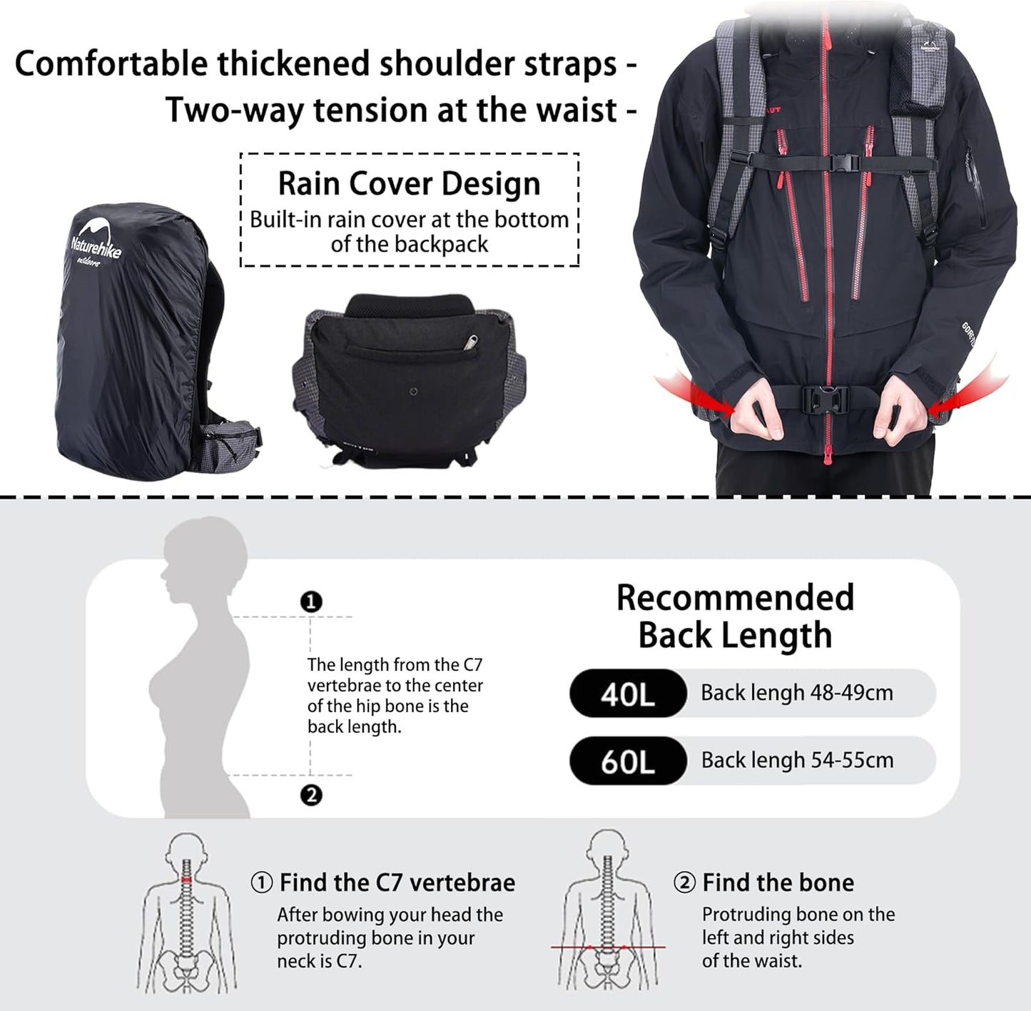 Naturehike Rock-40L/60L+5L Internal Frame Hiking backpacking backpack, Camping Waterproof Bag, Ultralight Outdoor Daypack with Rain Cover for Hiking, Backpacking,Camping Survival(60+5L(updated))