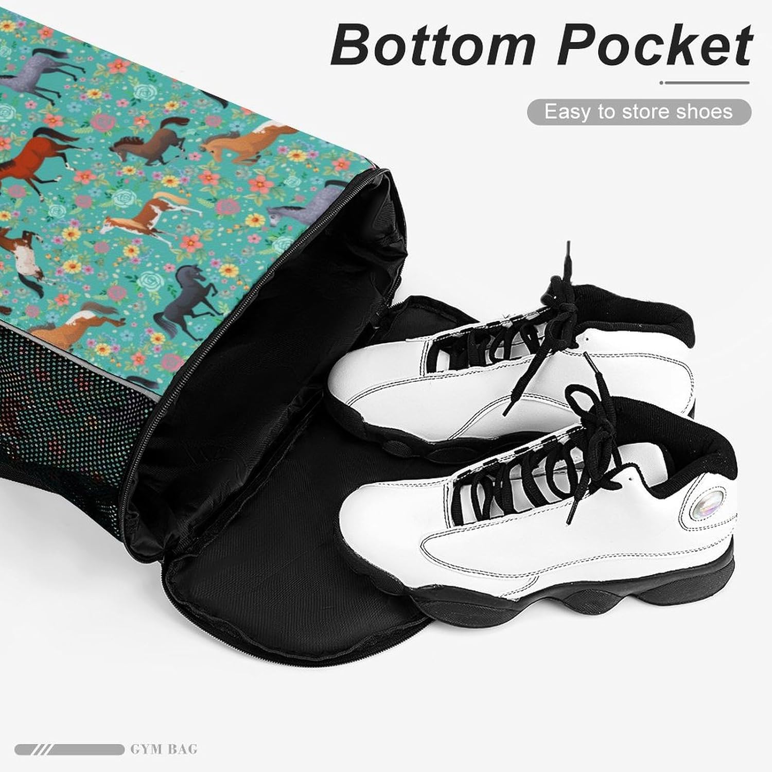 Horse Flower Drawstring Backpack Gym Bag With Shoe Compartment String Bag Sport Beach Swimming
