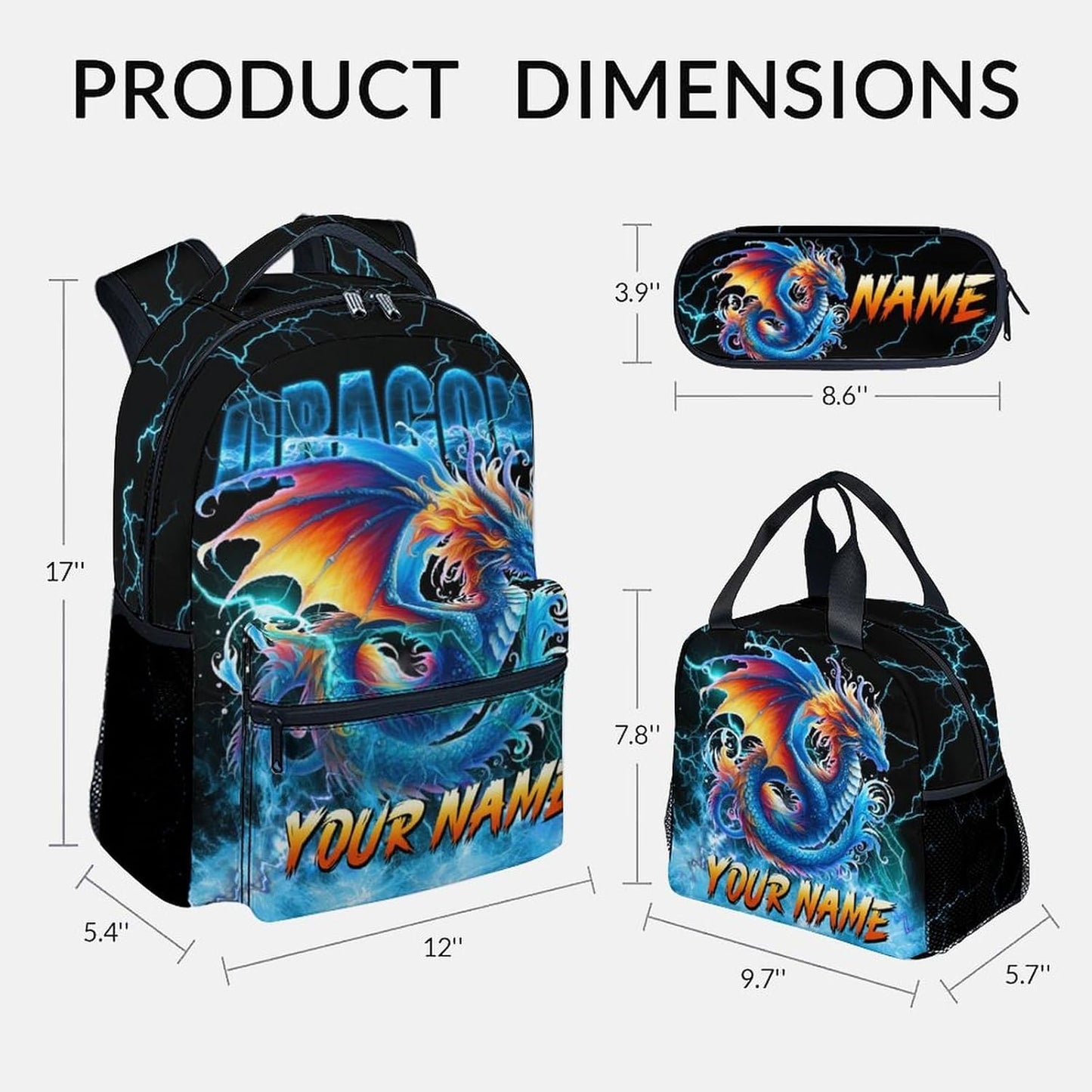 School Backpack Set, Dragon Backpacks for Boys, Personalized Bookbag with Name, 17 Inch Custom