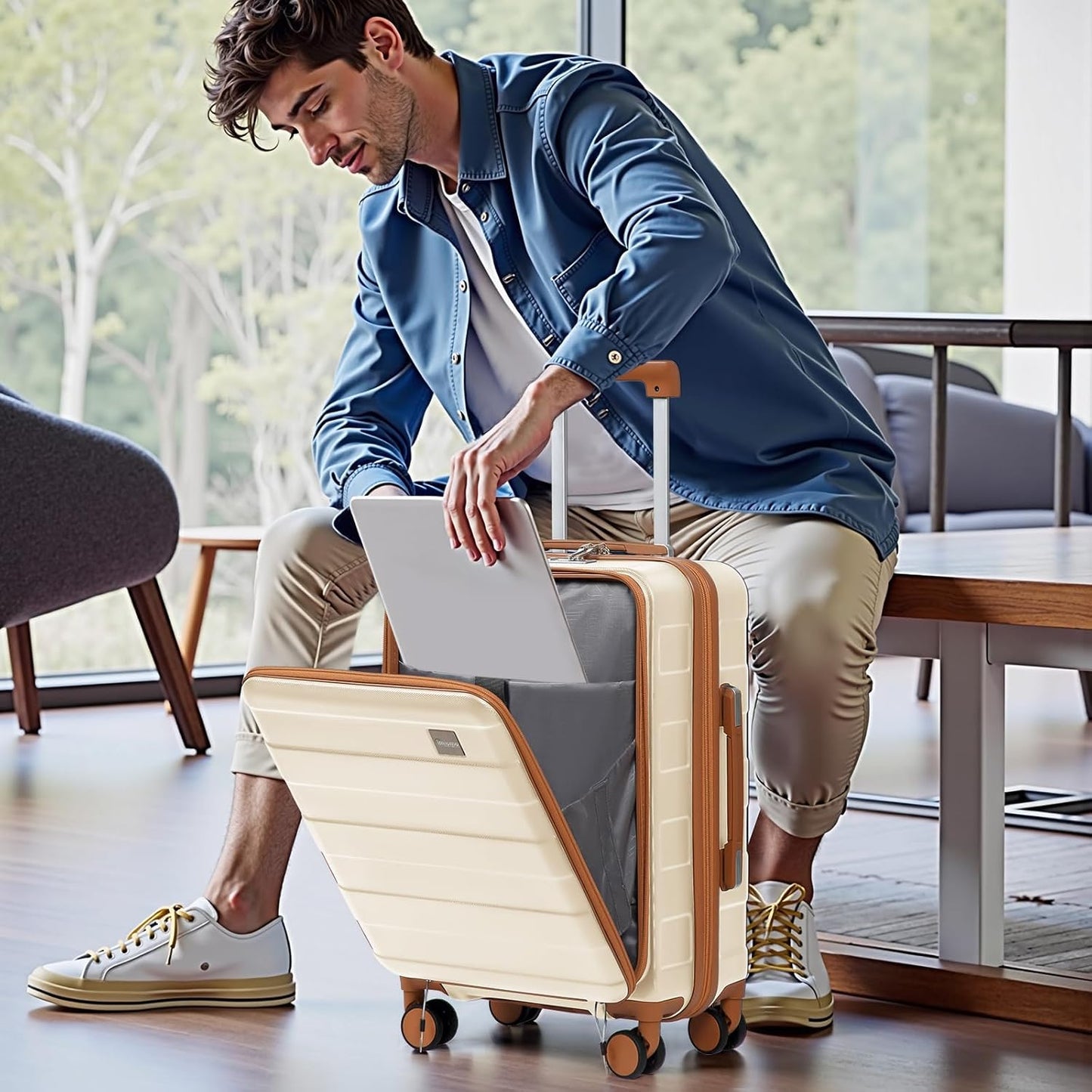imiomo Carry on Luggage Airline Approved, Lightweight Hard Shell Carry-on Suitcase, 20 Inch Travel Luggage with Spinner Wheels and USB Port, White Brown