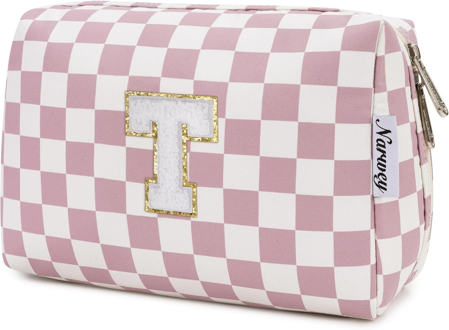 Narwey Birthday Gifts for Teen Girls Kids Women Personalized Initial Checkered Makeup Bag Pink Monogram Cosmetic Bag Trendy Stuff 6 8 10 11 12 13 14 16 18 Years Old Travel Toiletry Bag (Dusty Rose T)