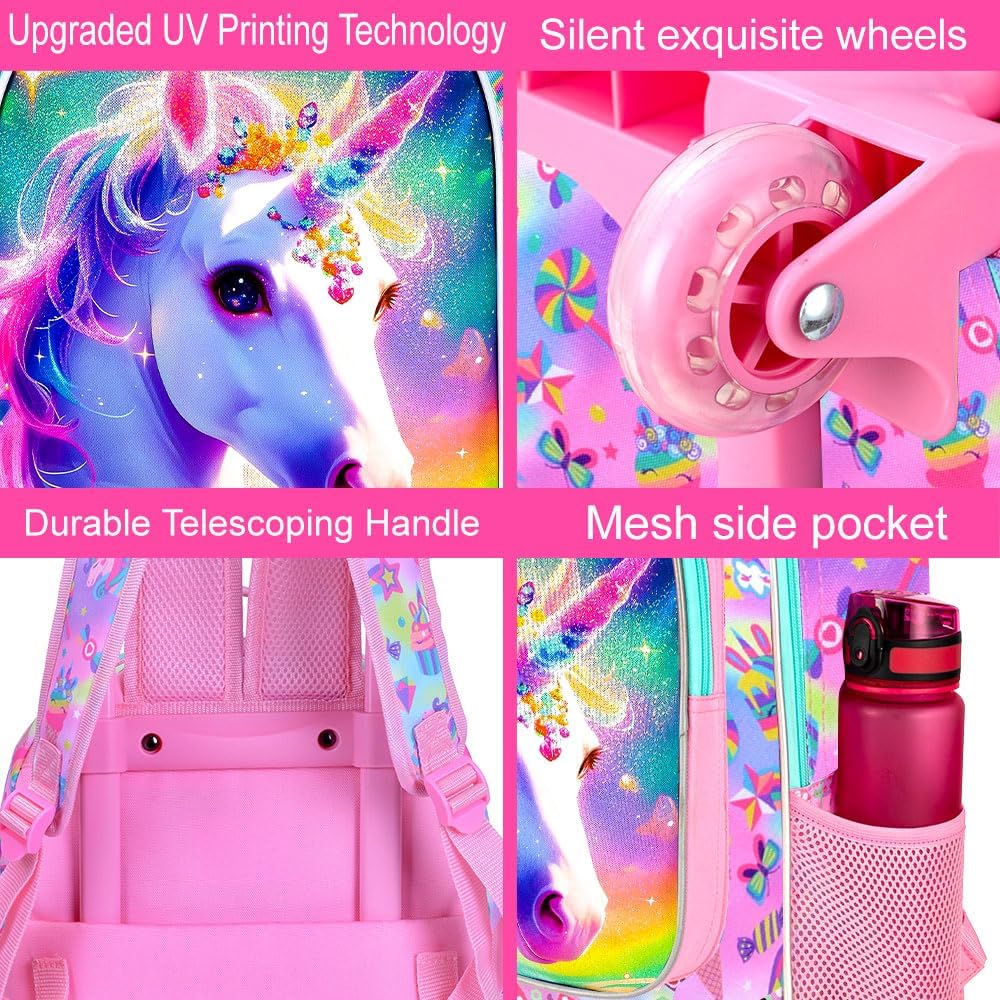 3PCS Rolling Backpack for Girls and Boys, Kids Roller Wheels Bookbag, Wheeled Elementary School Bag with Lunch Bag