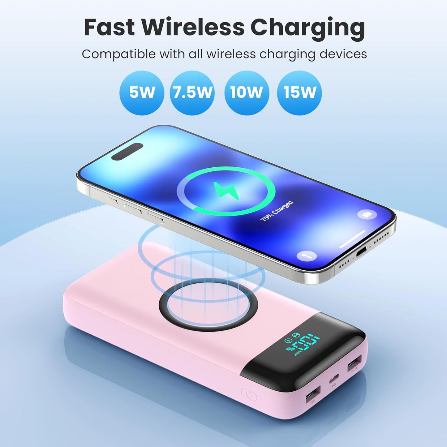Wireless Portable Charger 40800mAh for iPhone with 3 Built-in Cables,7-in-1 15W Wireless Charging USB C Power Bank,25W PD Fast Charging Travel Essential Battery Pack for iPhone 17/16/15,Android-Pink
