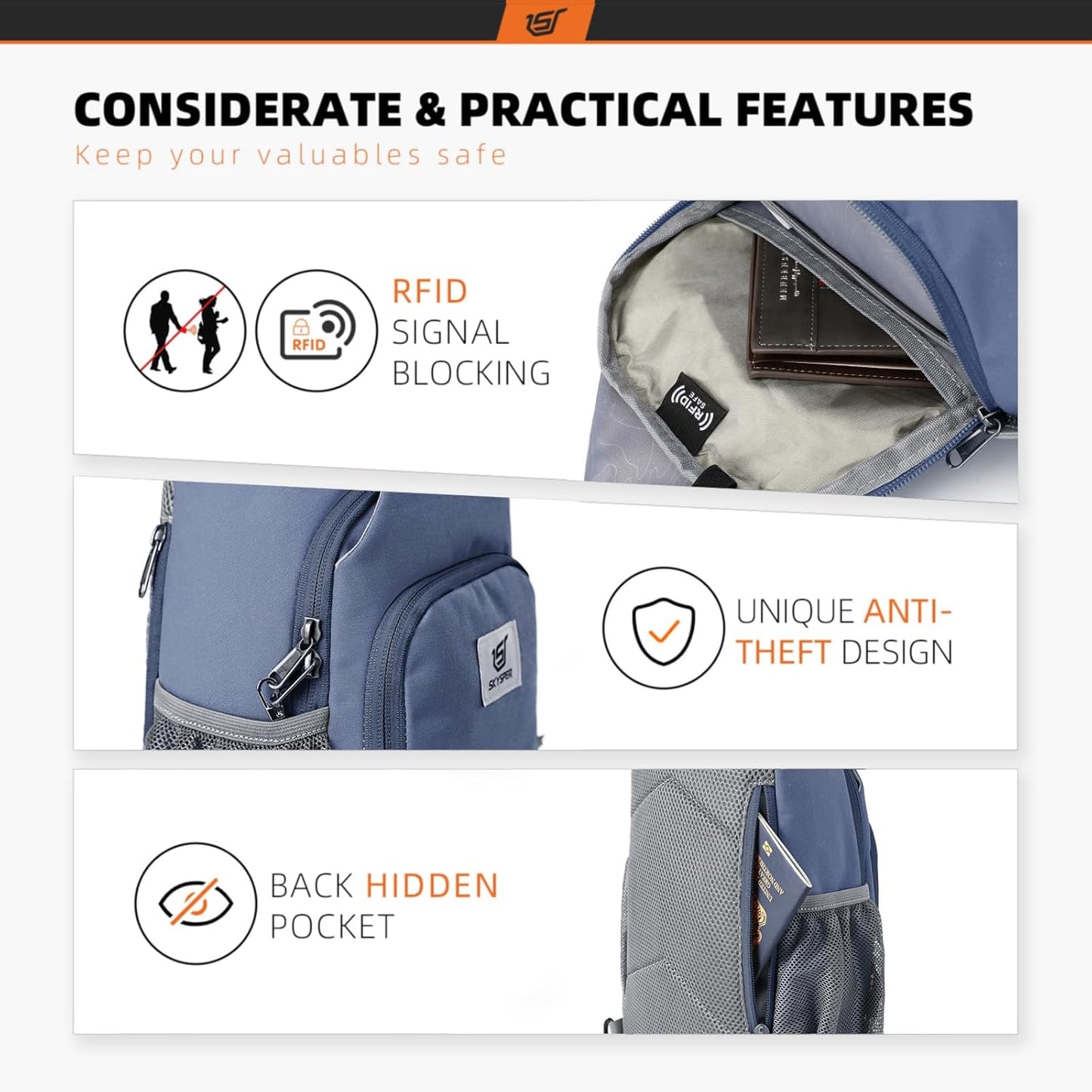 SKYSPER Sling Bag RFID Crossbody Sling Backpack Cross Body Shoulder Bag Travel Hiking Daypack for Women Men(Periwinkle)