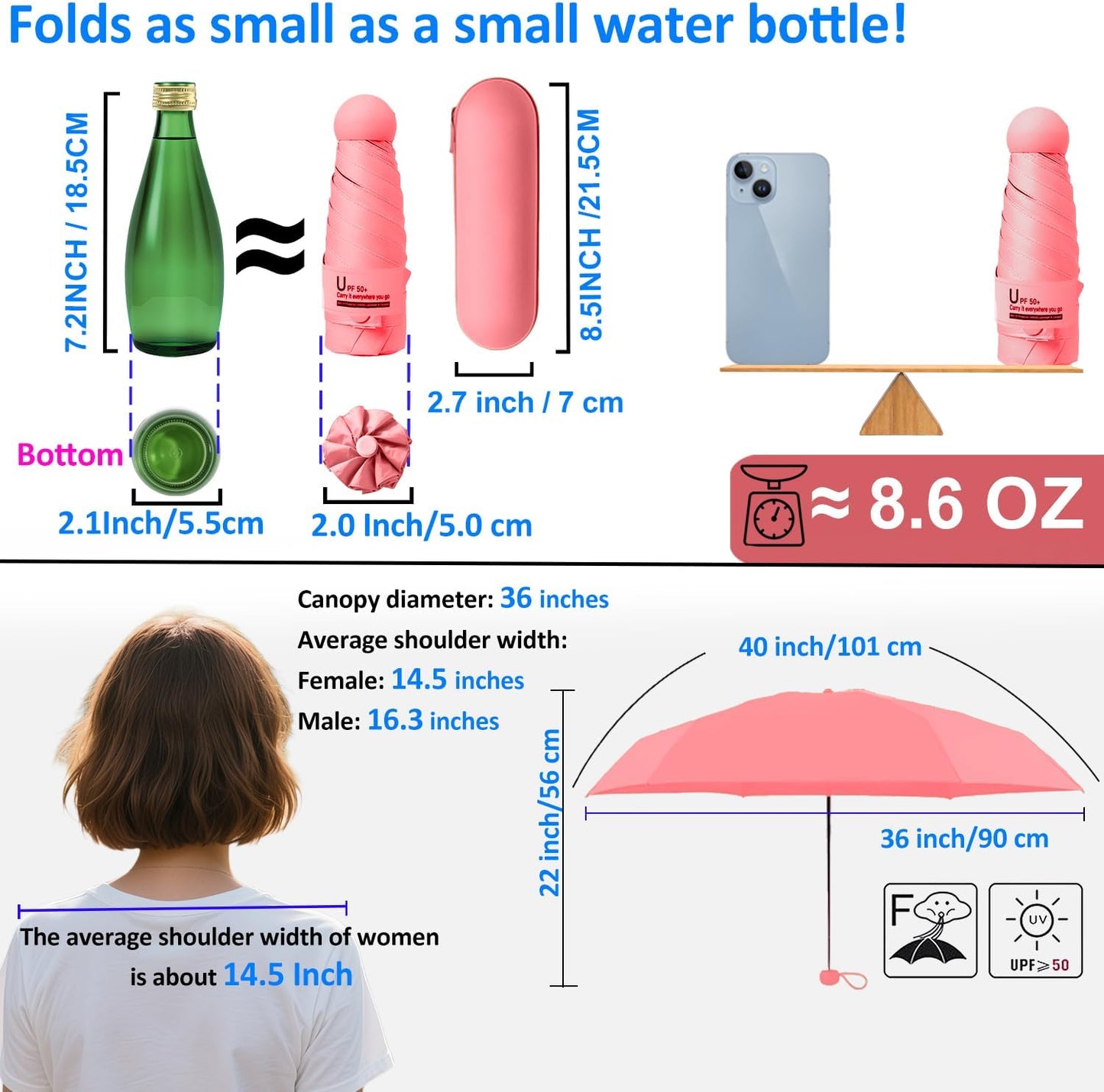 BAODINI Travel Essentials Mini Umbrella for Purse With Case Small Compact UV Sun Protection Lightweight Tiny Pocket Manual Open Close Umbrella for Women Kids and Men Fit Purse Backpack