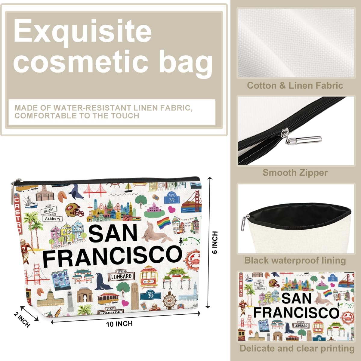 4PCS SanFrancisco Themed Makeup Bag - SanFrancisco Souvenirs Gift for Women, Travel Friendly Cosmetic Bag