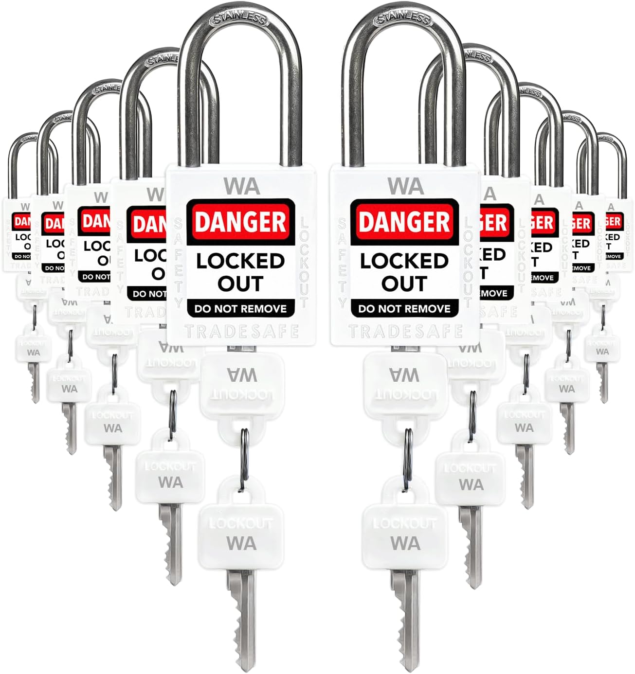 TRADESAFE Lockout Tagout Locks Sets, 10 White Keyed Alike Unlimited Grouping Loto Locks, 2 Keys Per