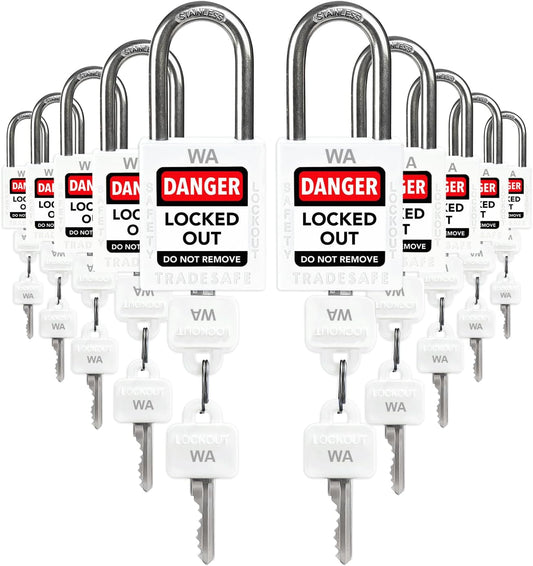TRADESAFE Lockout Tagout Locks Sets, 10 White Keyed Alike Unlimited Grouping Loto Locks, 2 Keys Per Lock, OSHA Compliant Lock Out Tag Out Padlocks