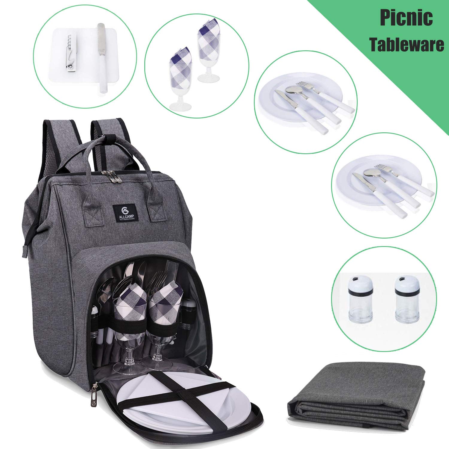 ALLCAMP Picnic Backpack, 2-Person Set with Blanket and Wine Holder, Gray