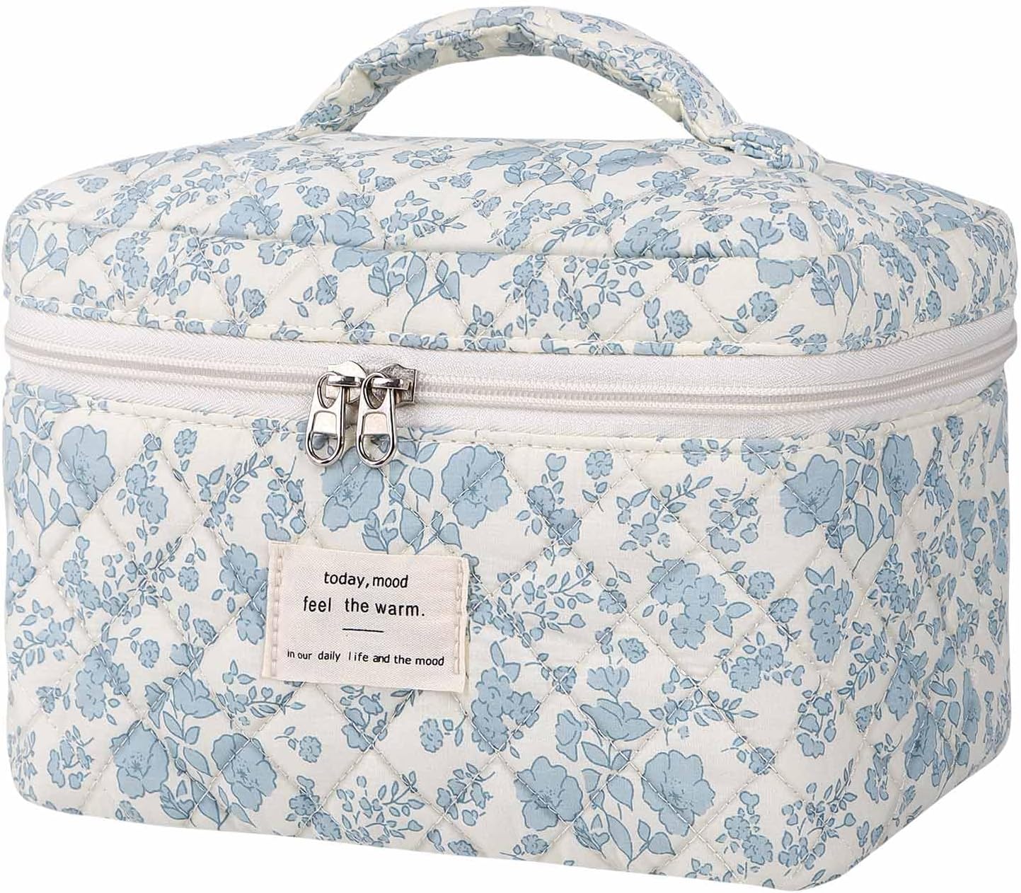 Large Makeup Bag, Cute Cosmetic Bag for Women Girls Floral Coquette Aesthetic Toiletry Bag Travel Make Up Organizer Bag (Blue)