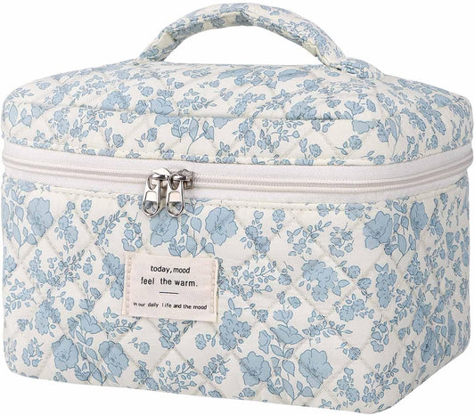 Large Makeup Bag, Cute Cosmetic Bag for Women Girls Floral Coquette Aesthetic Toiletry Bag Travel Make Up Organizer Bag (Blue)