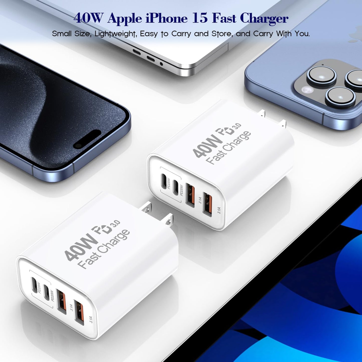 40W iPhone 17 16e 15 Charger Block Fast Charging,2Pack USB C Wall Charger,4-Port Fast USB Wall Adapter PD + QC Multiport Block Cube for iPhone 17 Air/17 Pro/Pro Max/16/16 Pro/15/14/13/12/11/Pro Max/XS
