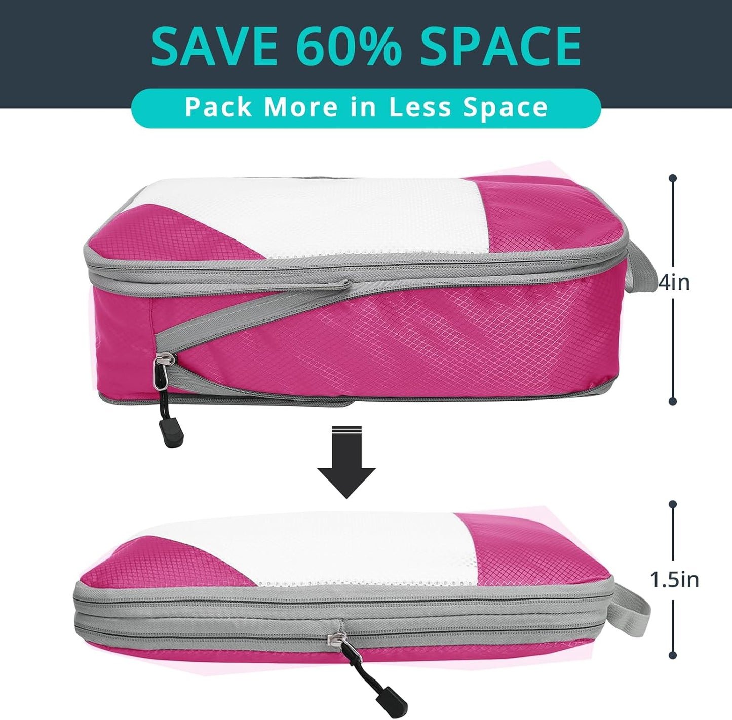 Compression Packing Cubes 6 Set, Compressible Space-Saving Packing Cubes for Travel - Compression Bags, Luggage Organizer, Travel Essentials for Women, Hot Pink