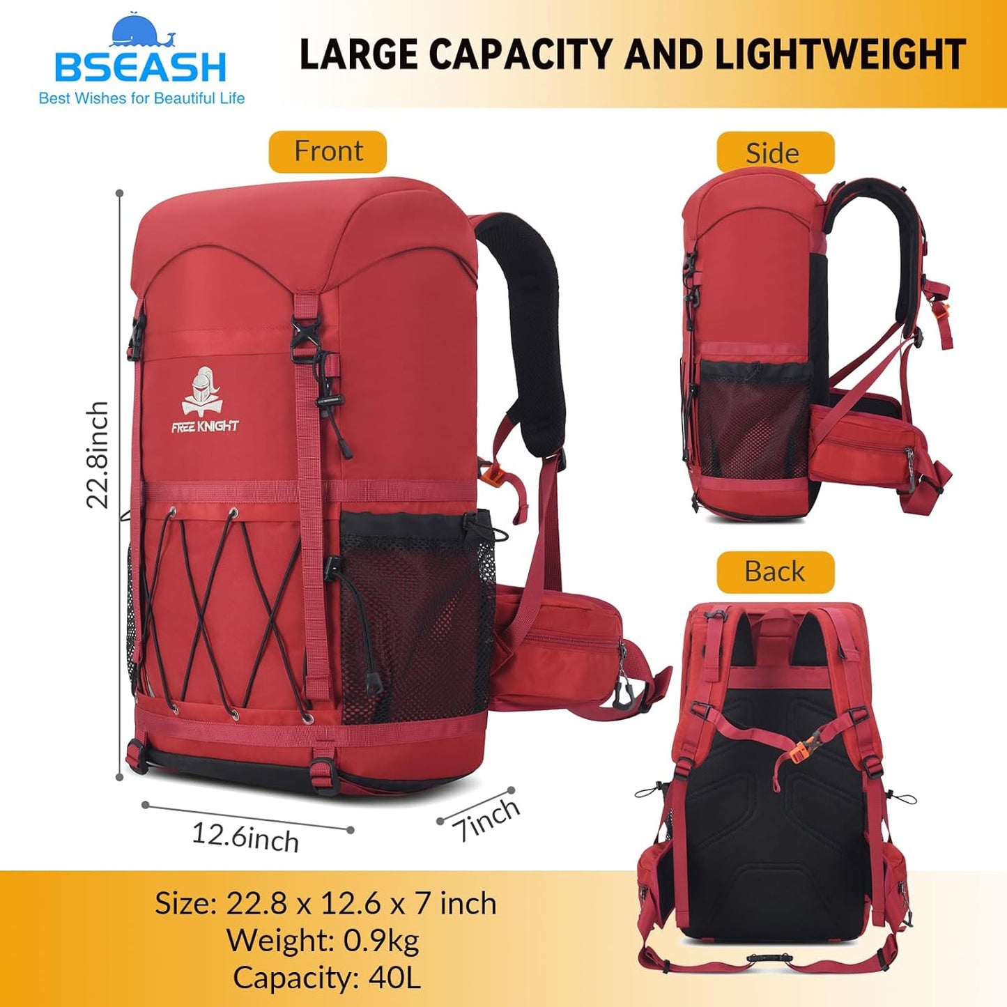 Bseash 40L Waterproof Hiking Backpack with Rain Cover, Outdoor Sport Travel Bag Daypack for Camping Climbing Skiing Cycling (Red)