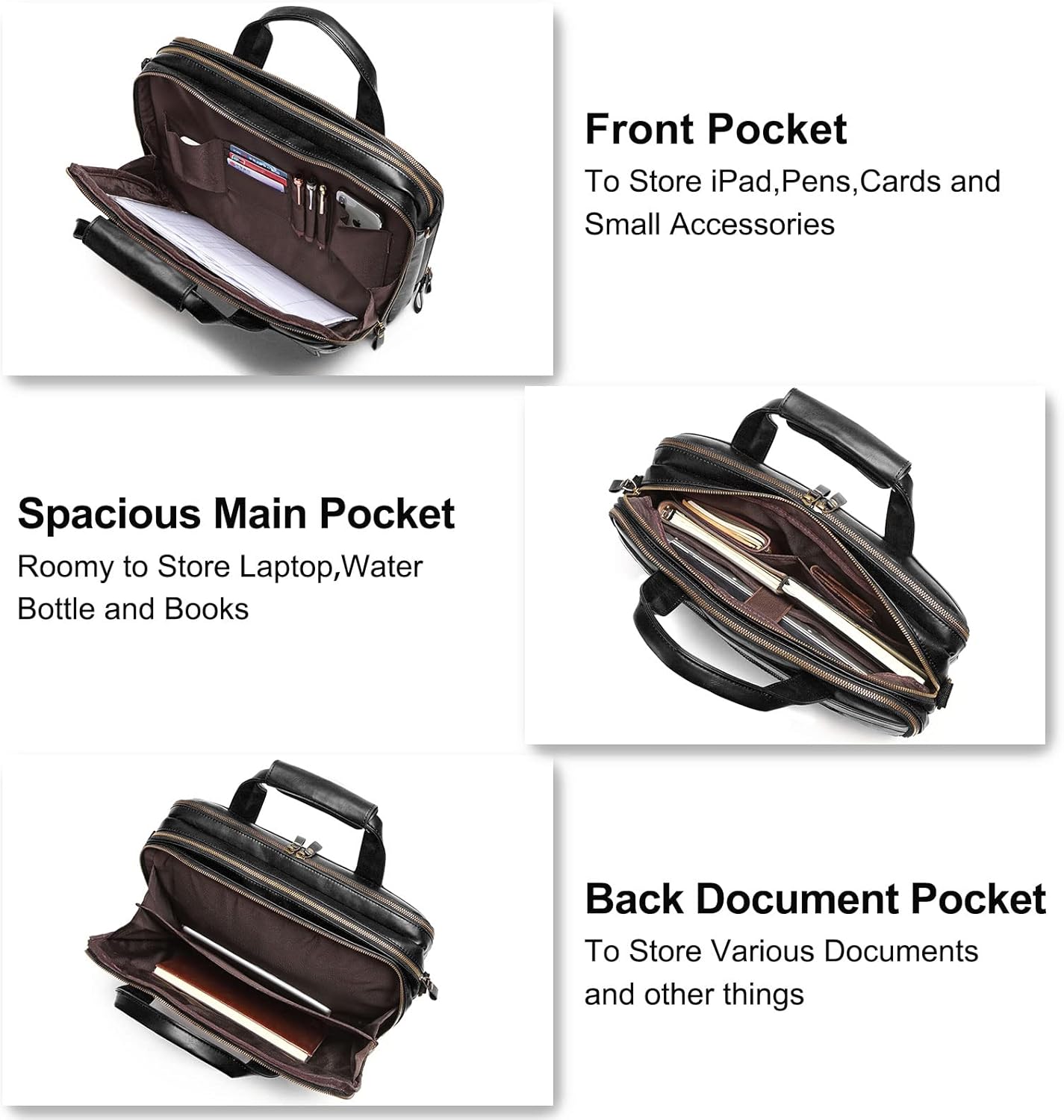 Bosidu Leather Briefcases for Men 15.6 Inch Laptop Messenger Bag with Triple Compartments Water-Resistant Computer Shoulder Bag for Business, Travel, Work, Office, Black
