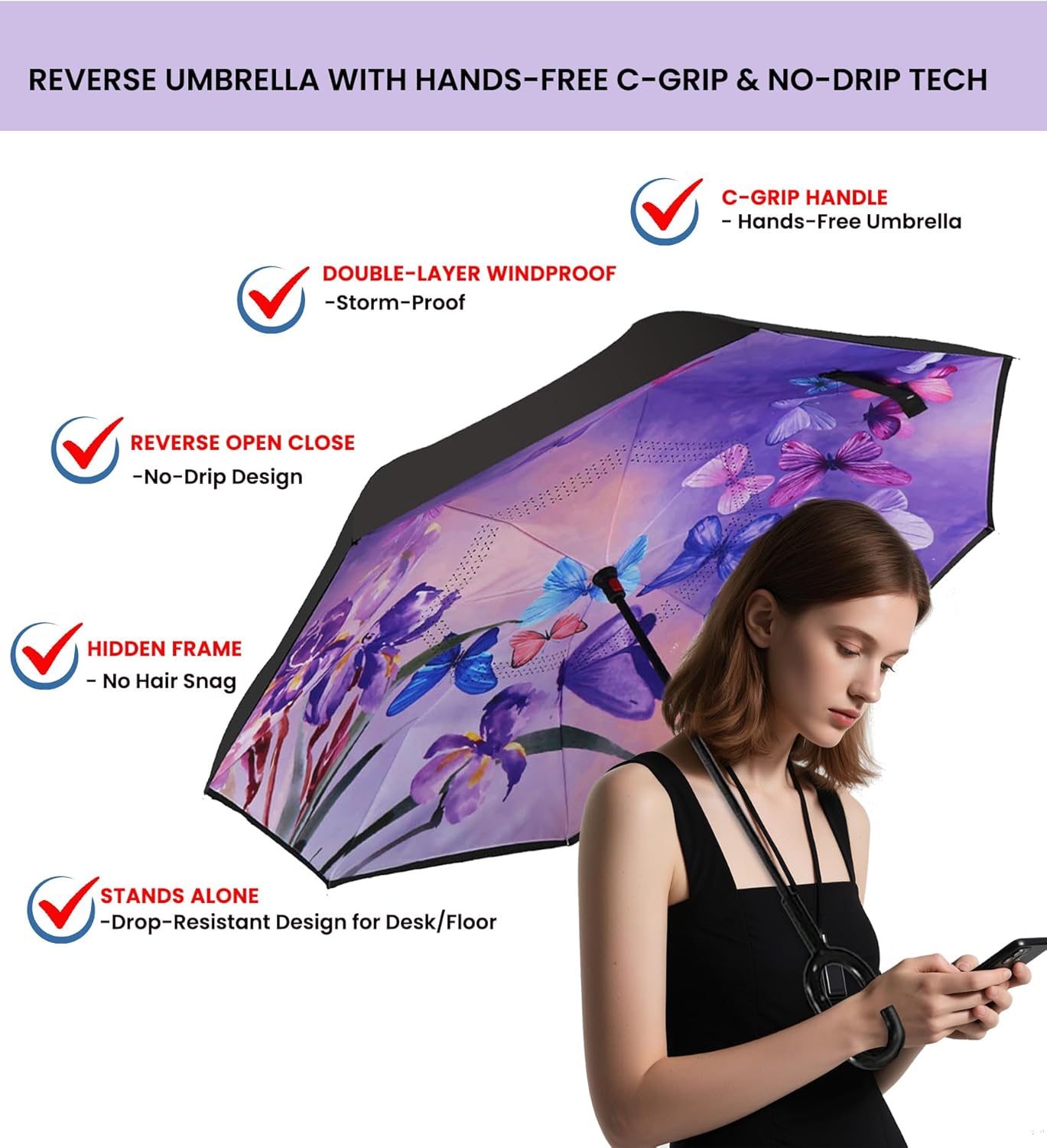 SIEPASA 49/56 Inch Inverted Reverse Upside Down Umbrella, Extra Large Double Canopy Vented Windproof Waterproof Stick Golf Umbrellas with C-shape Handle.