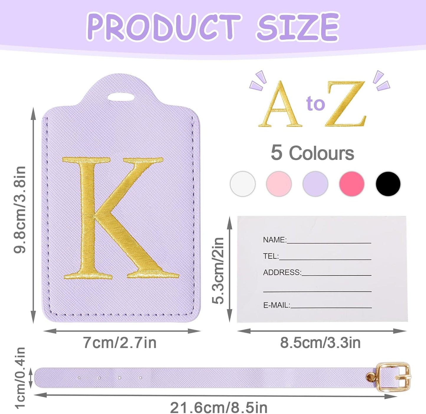 Personalized Initial Luggage Tags for Suitcases, Cute PU Leather Embroidered Letter Travel Luggage Tags, Suitcase Identifier Name Baggage Tag, Bag Tags for Men Women Kids Luggage Handbags(Purple K)