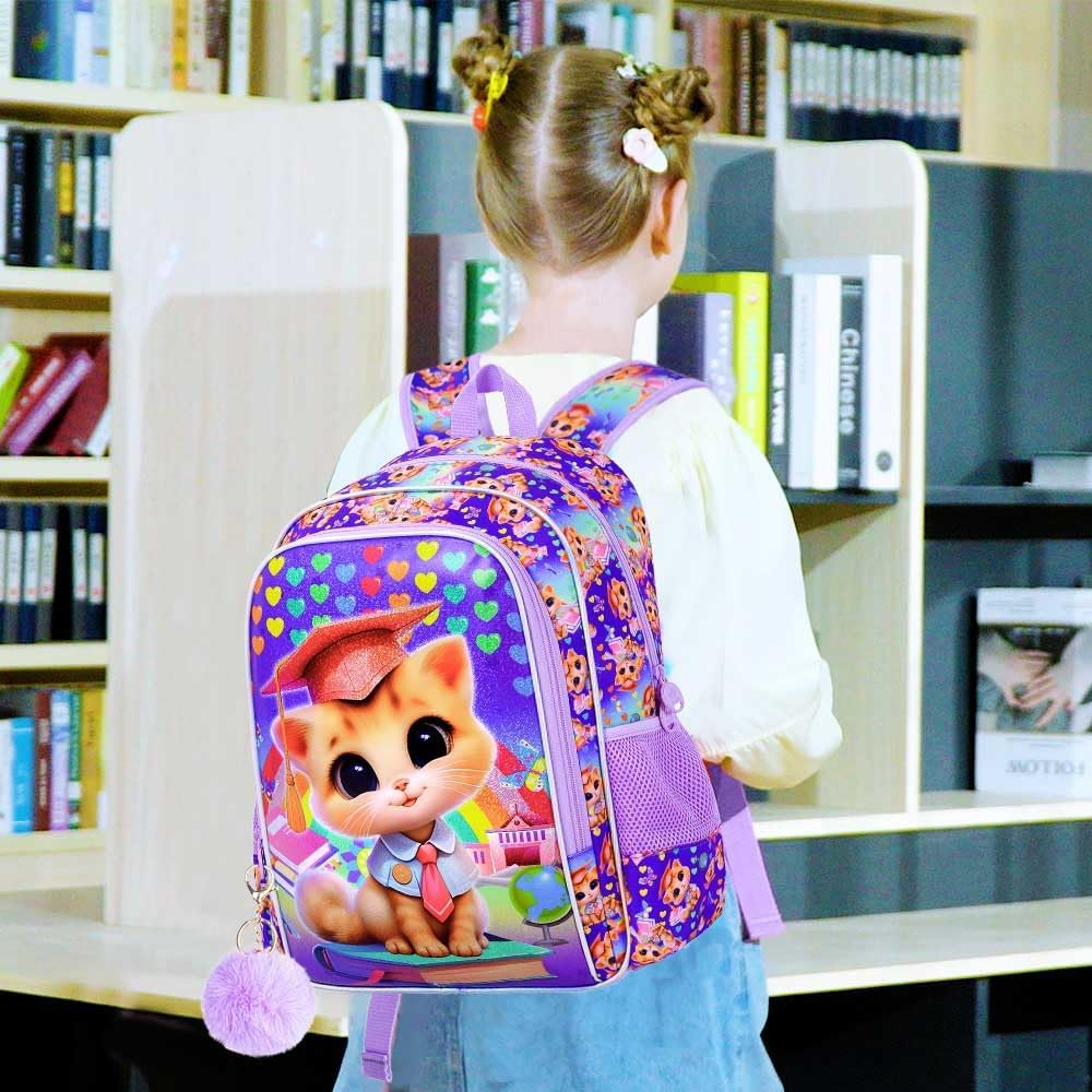 3PCS Girls Cat Backpack, 16" Kids Bookbag with Lunch Box, Kids Water Resistant Elementary Prechool Toddler Shool Bag - Purple Dr. Cat