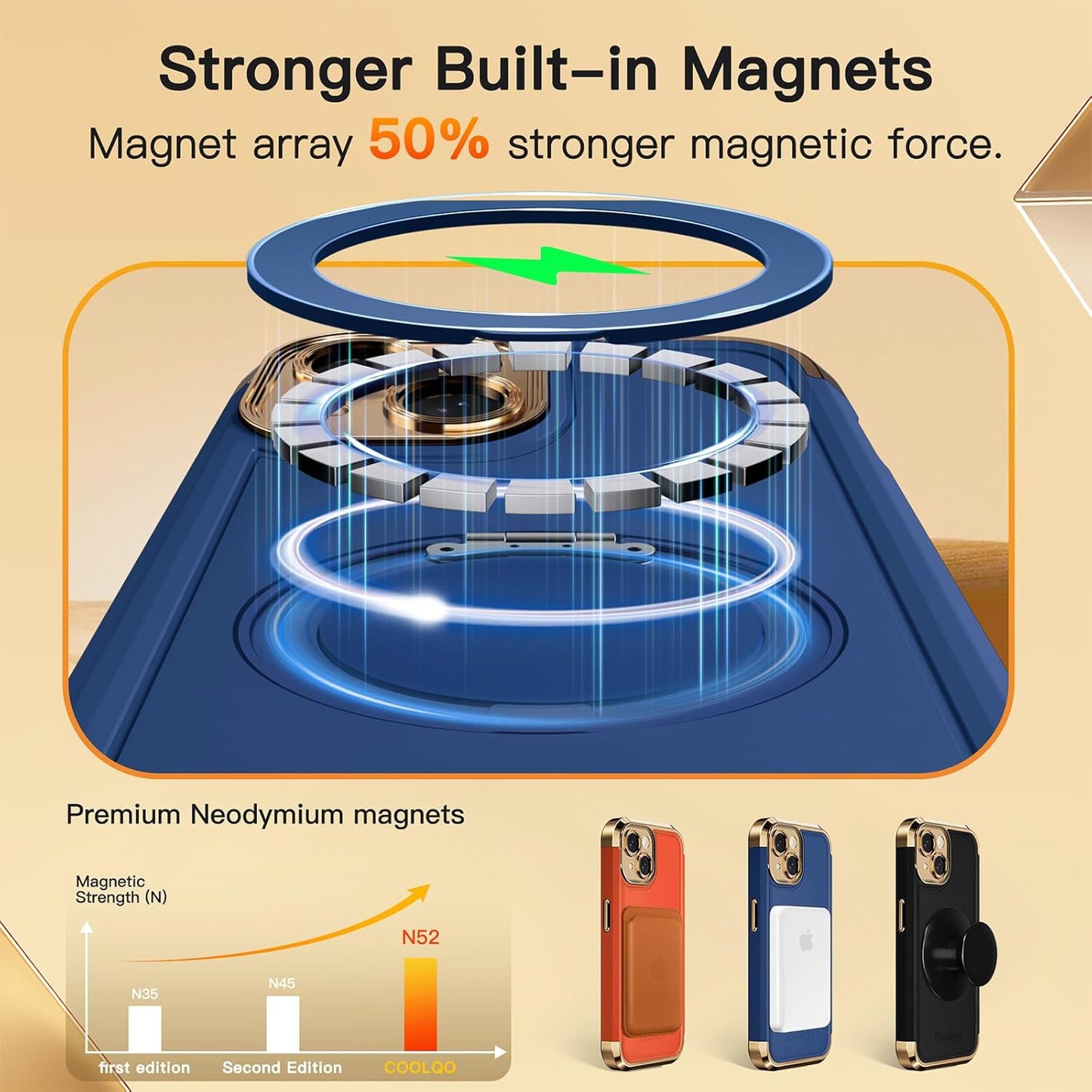 COOLQO for iPhone 14 Case 6.1'' Upgraded 360° Spin Magnetic Stand [Compatible with Magsafe][Military Grade Drop Protection] Shockproof Protective Phone Holder Cover for iPhone 14, Blue Gold