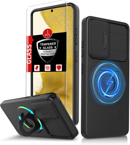 for Samsung Galaxy S22 Case Magnetic Compatible with MagSafe Wireless Charging,with Screen Protector,Built-in Kickstand Ring+Camera Cover Anti-Scratch Shockproof Heavy Duty Protection Black