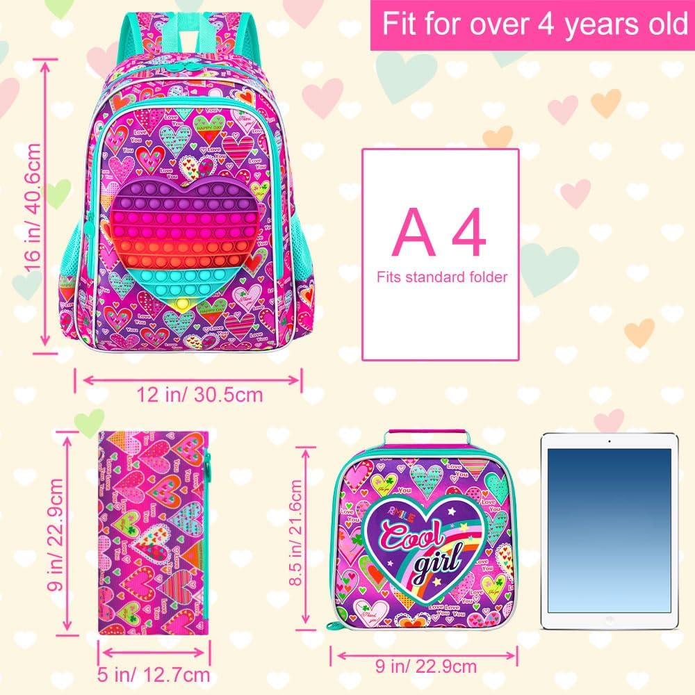 AGSDON 3PCS Girls Backpack，16" Kids Bookbag for Girl anf Water Resistant Backpacks for Preschool Toddler