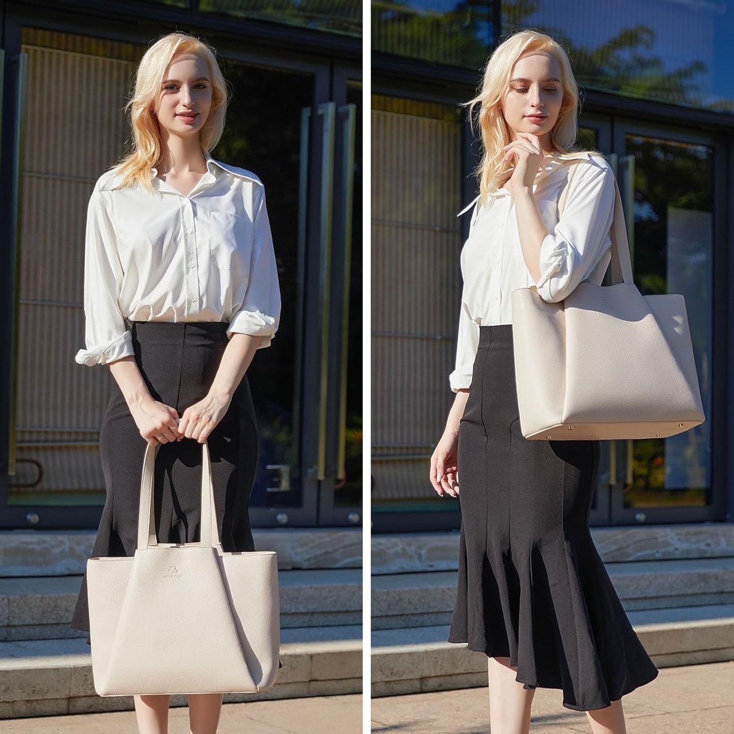 LOVEVOOK Laptop Tote for Women - 15.6 Inch Faux Leather Laptop Bag with Clutch, Large Capacity Office Purse for Casual Business Travel, Off White