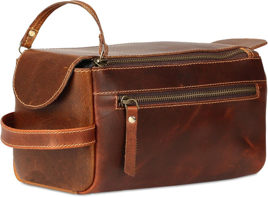 KomalC Premium Buffalo Leather Toiletry Bag for Men & Women – Leather Dopp Kit With Water resistant Lining, Premium Toiletry Travel Pouch, Unisex Wash Bag for Toiletries, Gifts for Men and Women