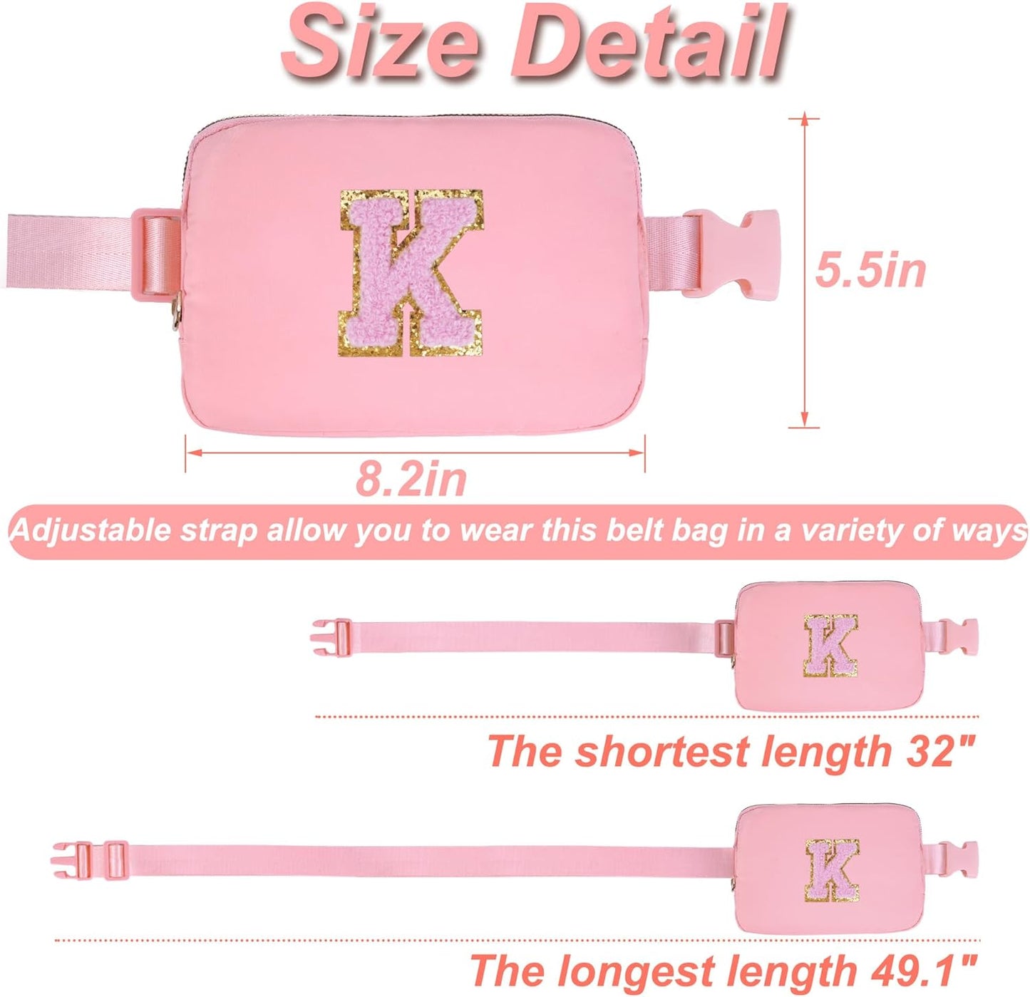 Personalized Belt Bag for Women Girls - Fashion Mini Waist Packs with Adjustable Strap - Trendy Travel Fanny Pack Crossbody Bags with Initial Letter - Teen Gifts | Peach,K