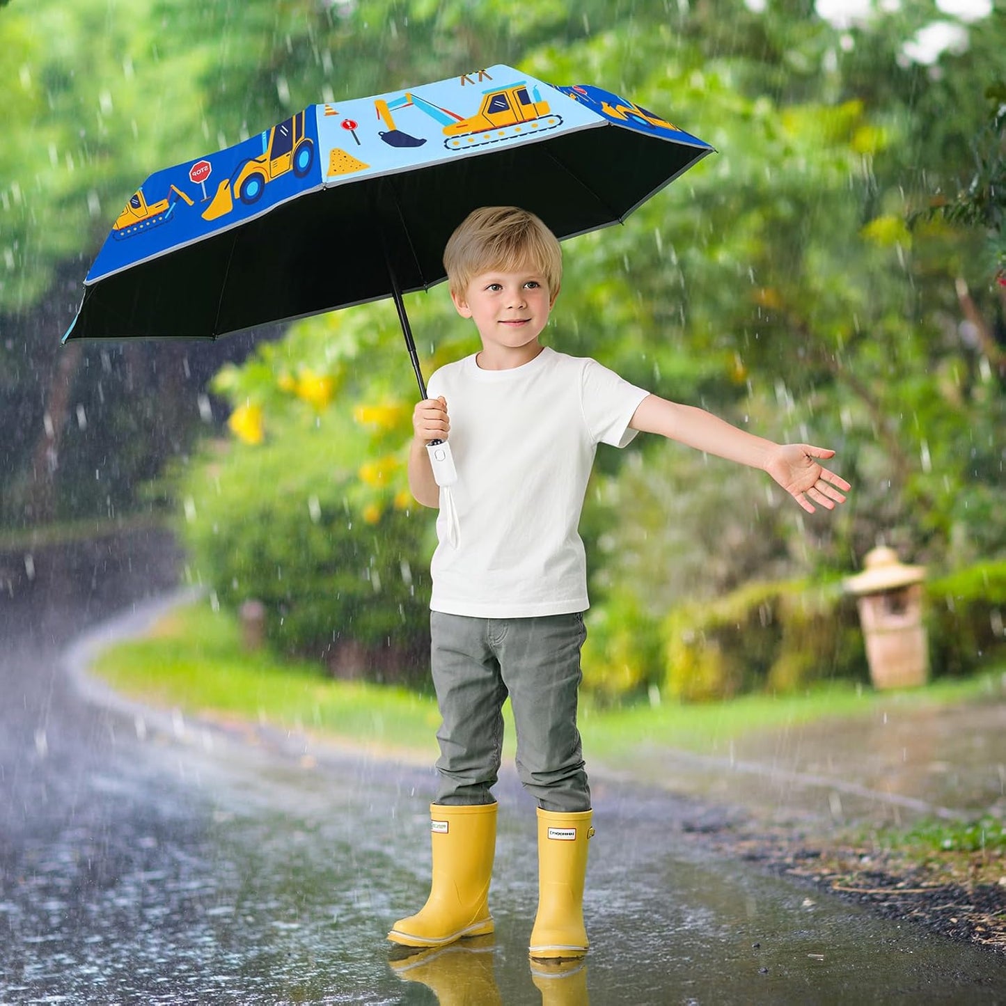 Autoamtic Kids Umbrella UV Resistant, Folding Compact Umbrella 360° Reflective Strip for Travel Outdoor, Lightweight Cute Kids Parasol Anti-rebound Safe for Toddler