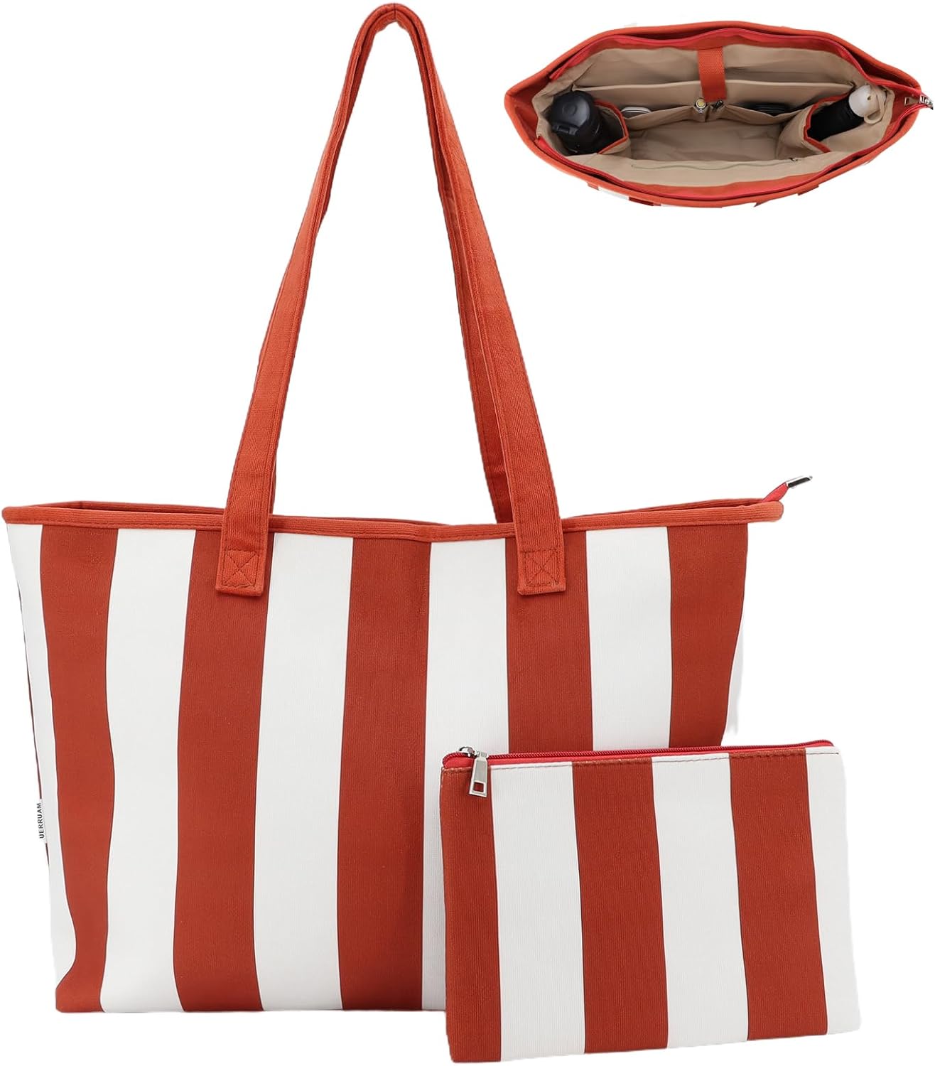 UERRUAM Corduroy Tote Bag for Women with Laptop Compartment,Cup Holder Inside,Makeup Pouch-for Work,Travel,College,Gym,Nurse