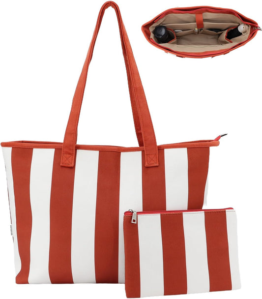 UERRUAM Corduroy Tote Bag for Women with Laptop Compartment,Cup Holder Inside,Makeup Pouch-for Work,Travel,College,Gym,Nurse