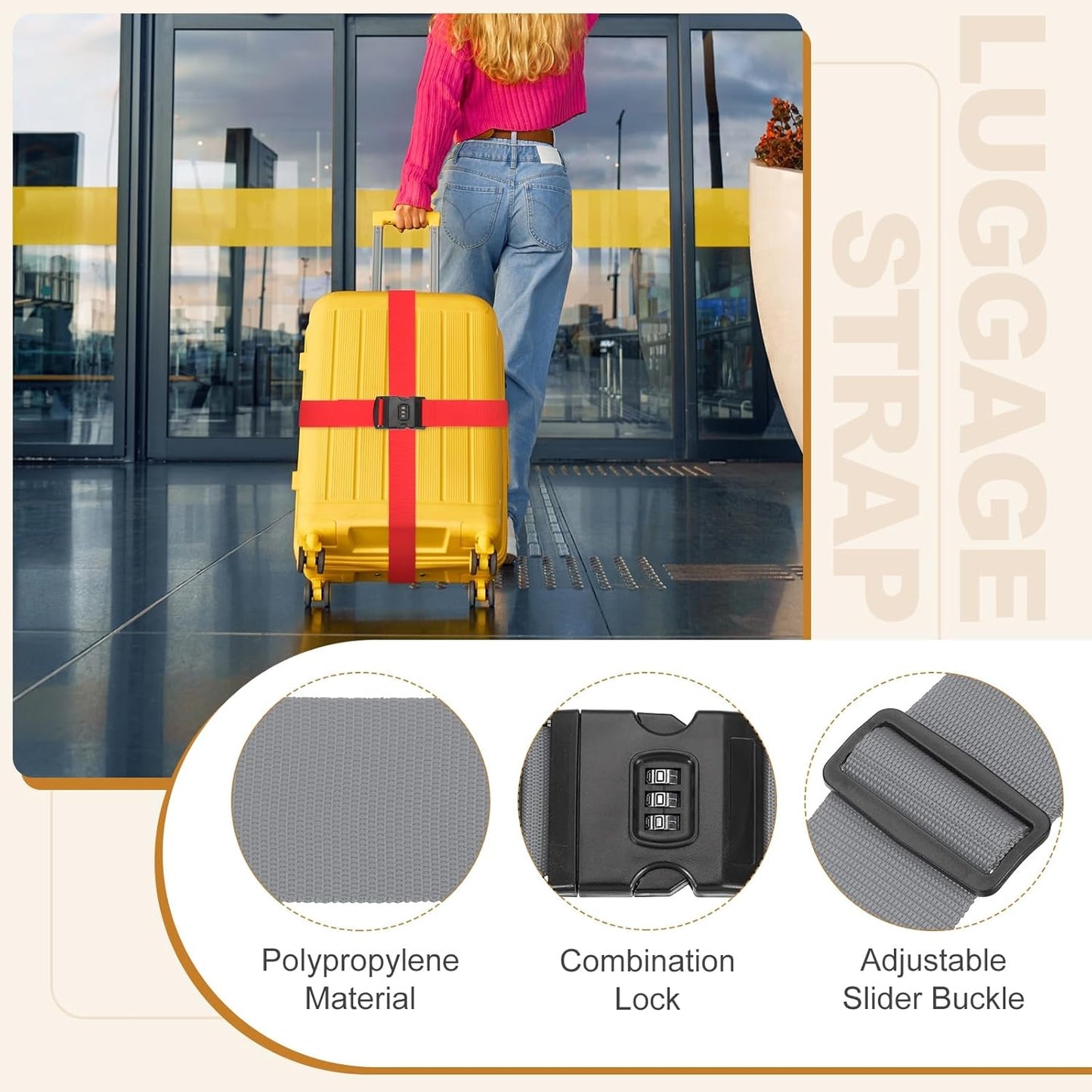 MECCANIXITY Luggage Straps with Combination Lock Adjustable Suitcase Belt Strap for Suitcase Briefcase Backpack Travel, Gray, Pack of 4