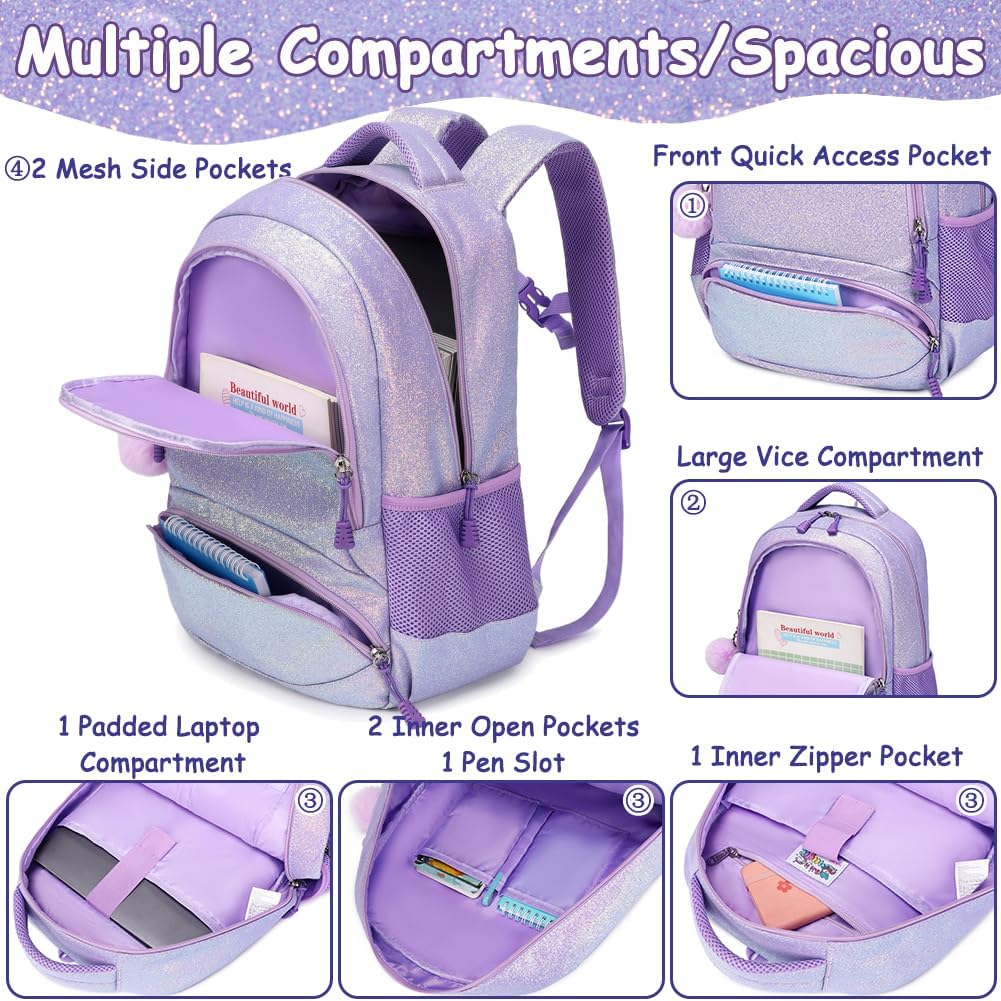 School Backpack for Girls Shiny Glitter Sparkly Bookbag for Kids Elementary Middle School Bags for Girl Blingbling Purple