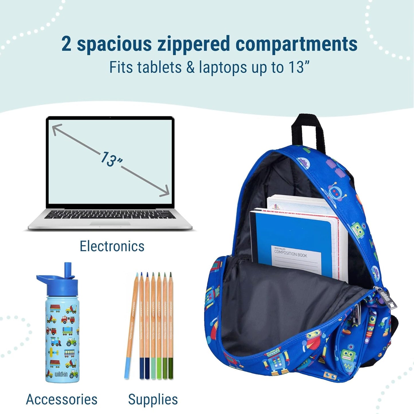 Wildkin 15-inch Kids Backpack – Durable, Padded, Adjustable for School & Travel - Robots