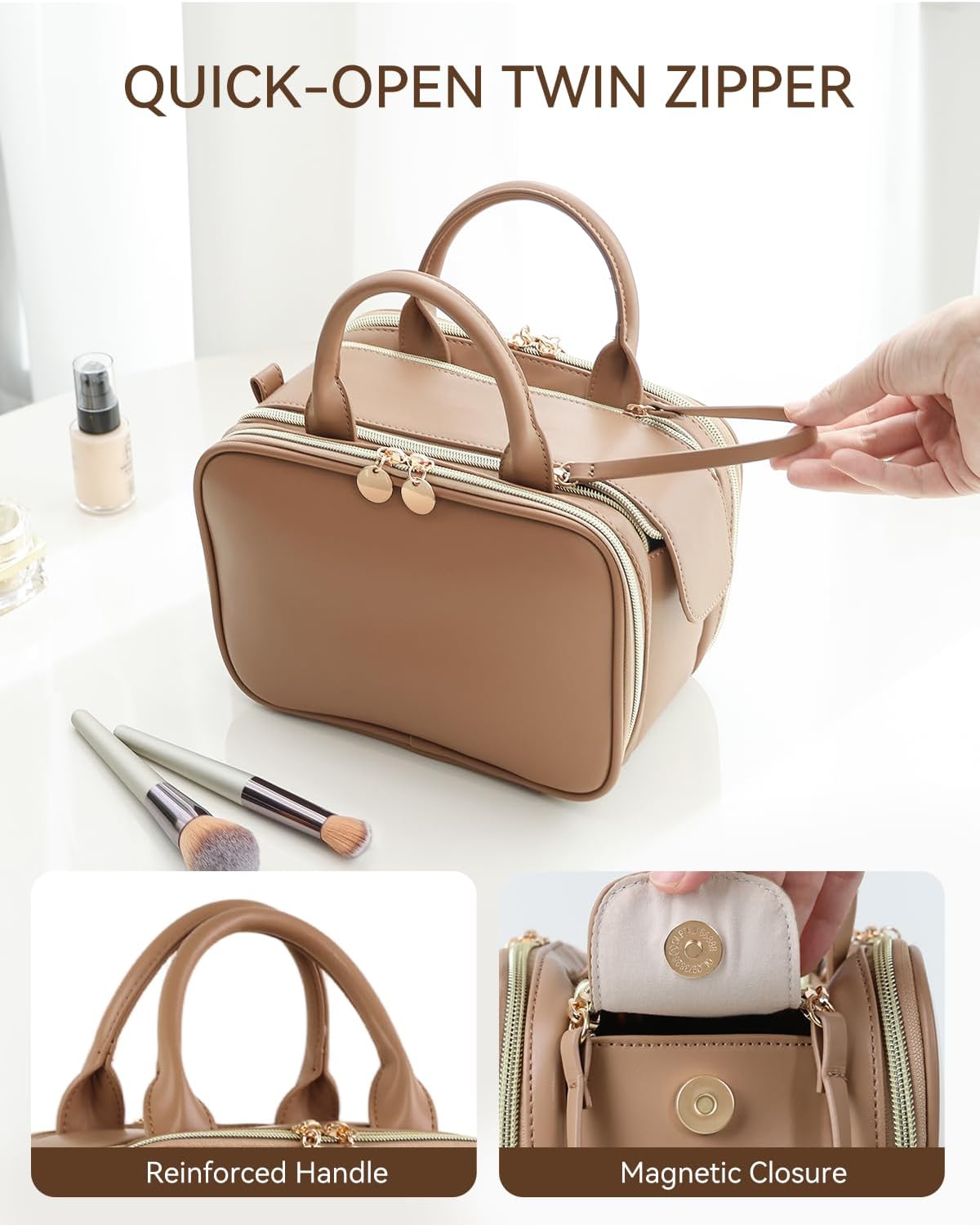 Prite Makeup Bag for Women, Large Capacity Waterproof Travel Cosmetic Organizer, Portable Open Flat Toiletry Bag with Free-standing Brush Holder and Handle(Brown Large)