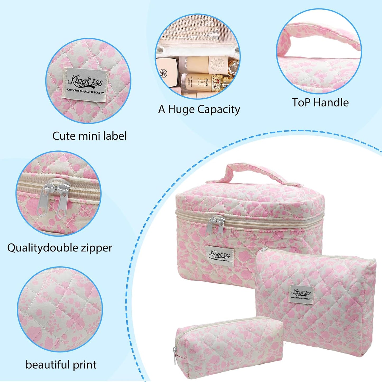 Quilted Makeup Bag, Large Capacity Travel Cosmetic Bag for Women and Girls, Aesthetic Storage for Daily and Travel Use (3pcs-Pink orchid)